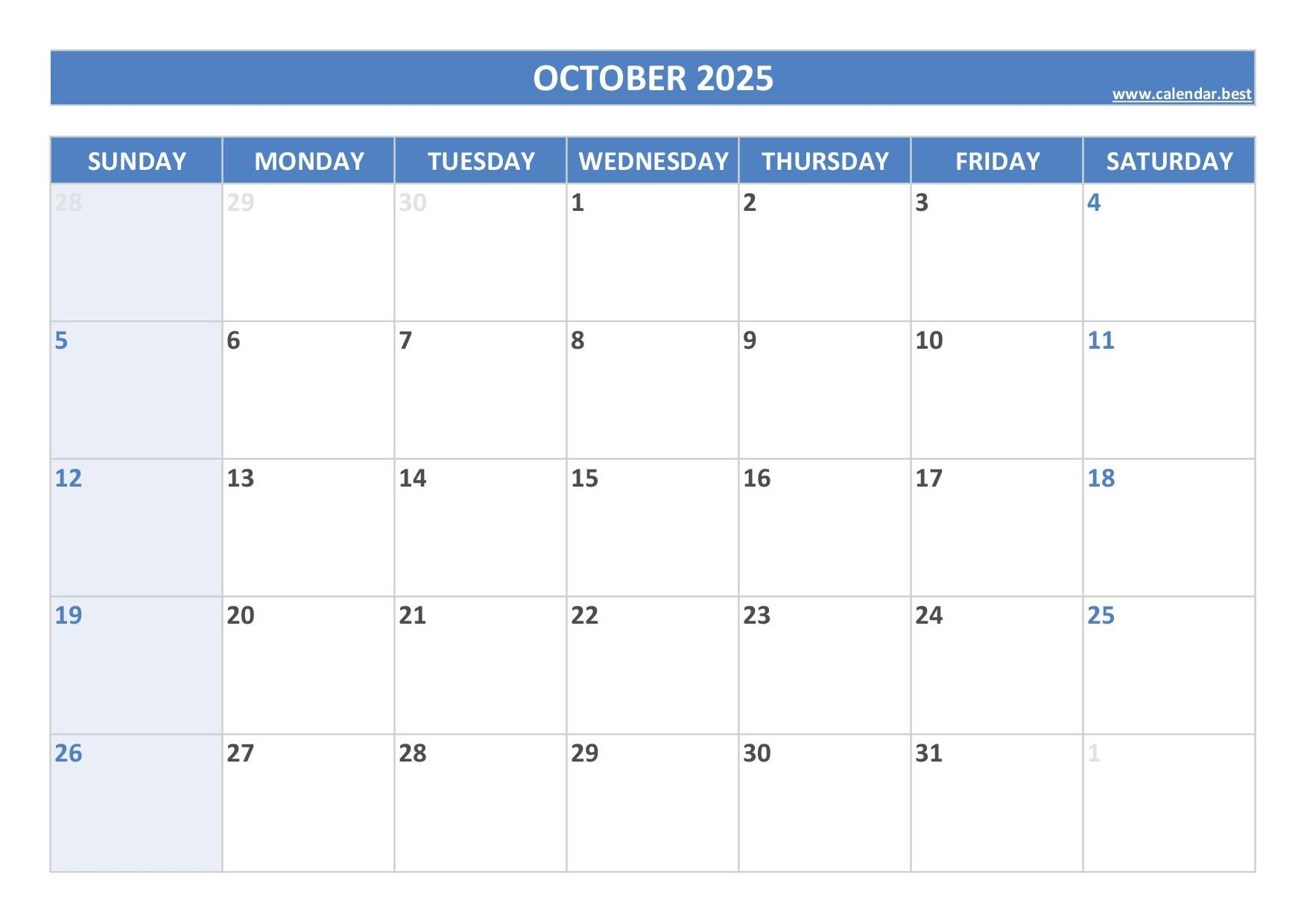 Printable Oct 2025 Calendar Images