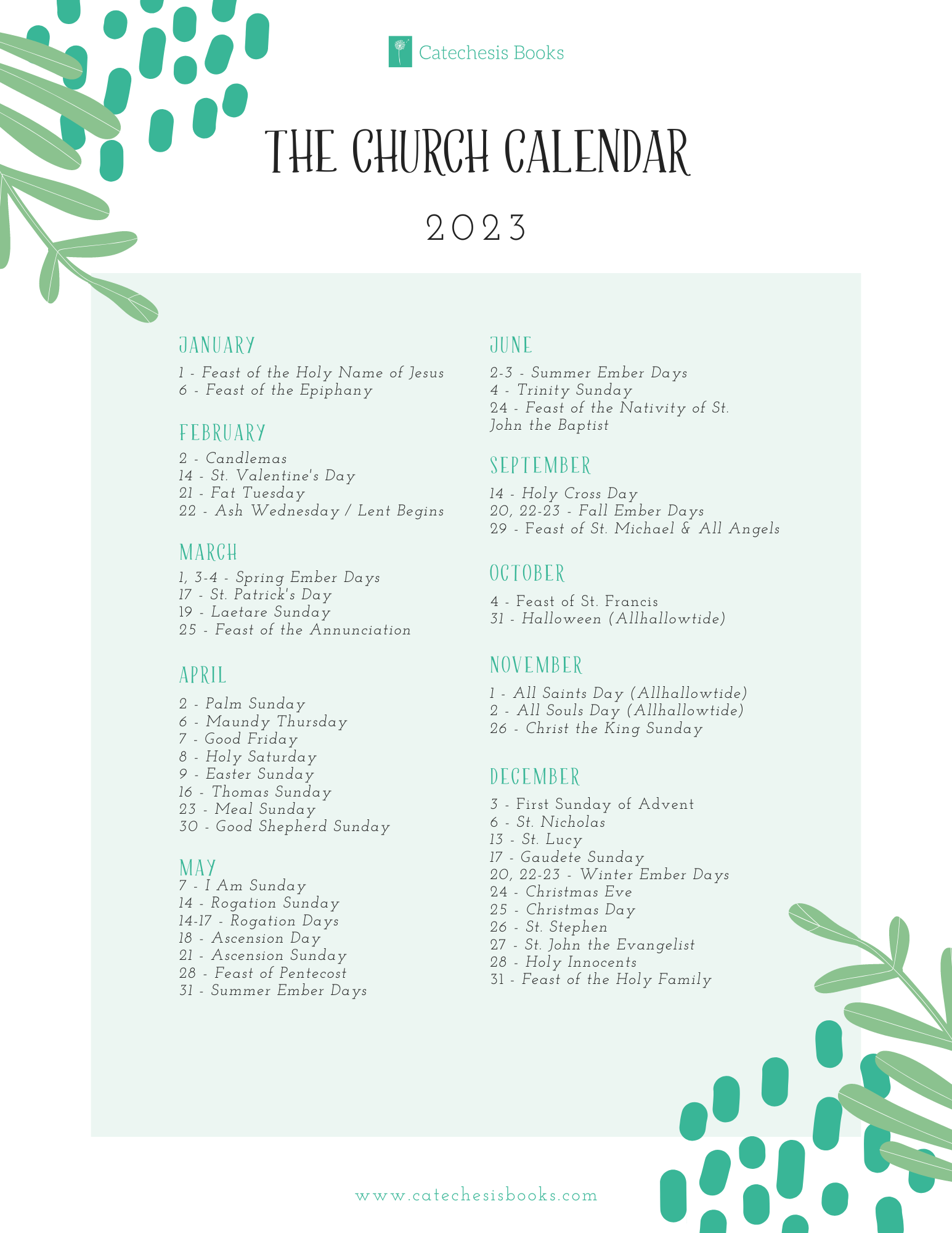 Printable 2023 Liturgical Calendar Catechesis Books Printable 2023 Liturgical Calendar Catechesis Books