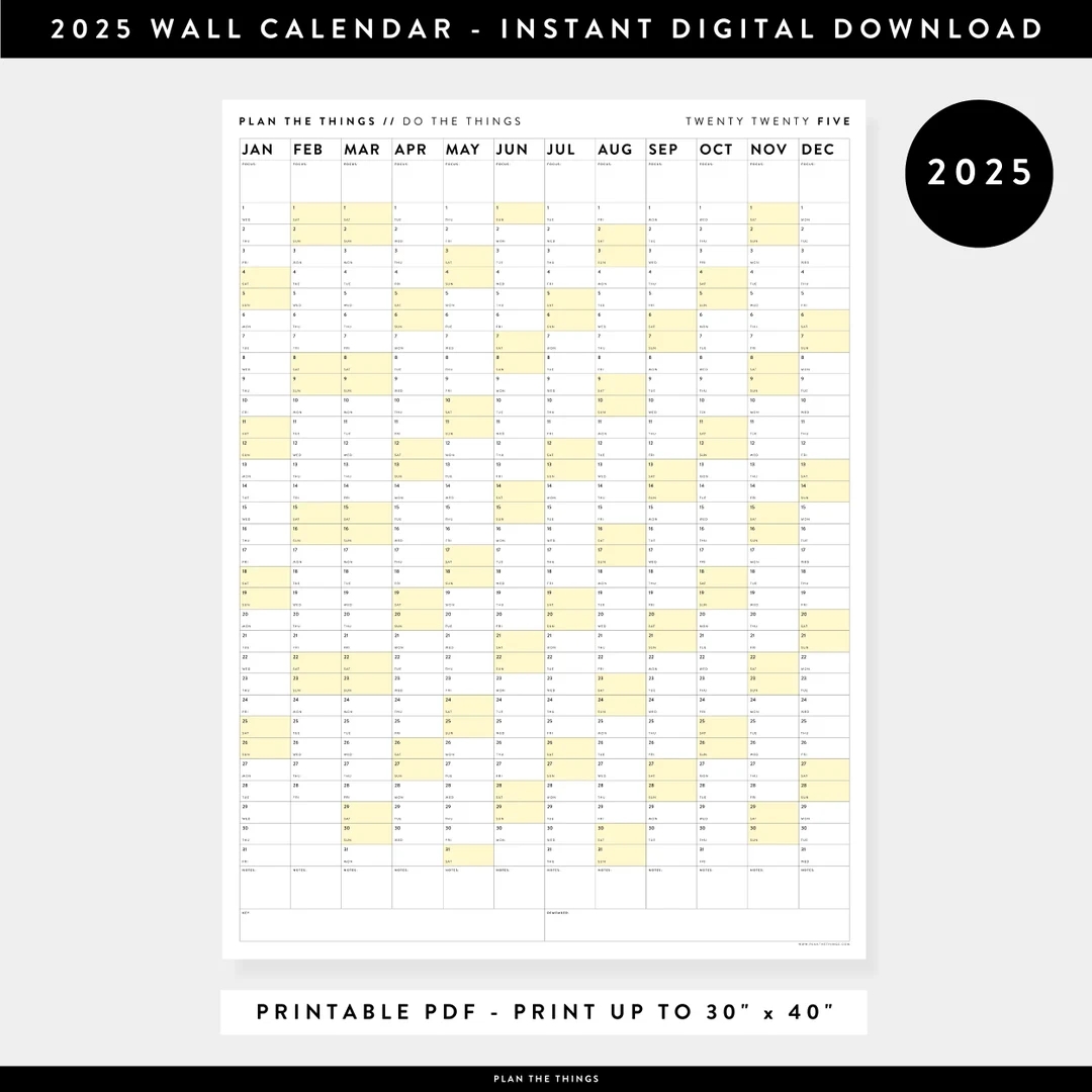 PRINTABLE 2025 Wall Calendar Digital PDF Instant Download 2025 Wall Planner Monthly Planner 2025 Year Planner vertical Yellow Etsy