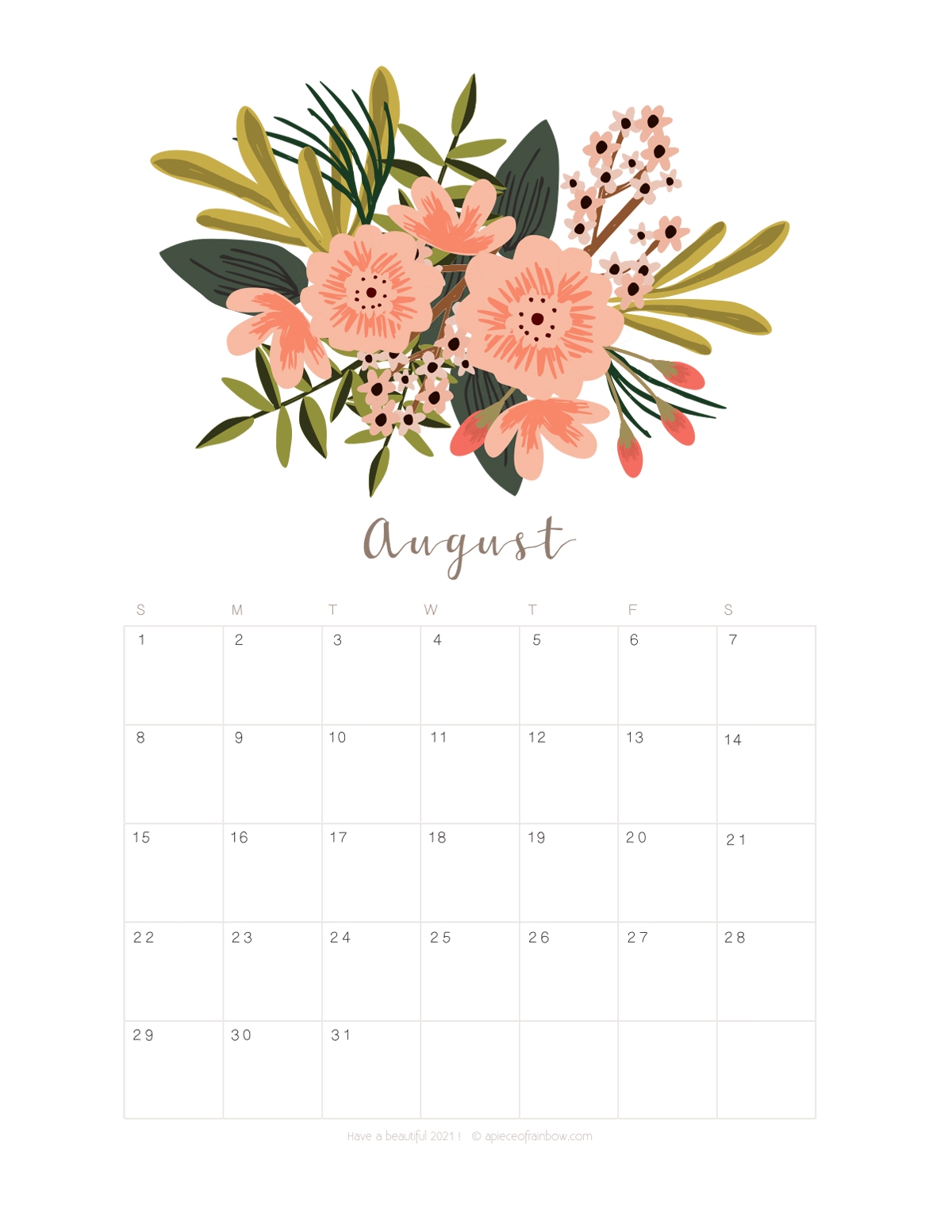 Printable August 2021 Calendar Monthly Planner 2 Designs Flowers Modern A Piece Of Rainbow