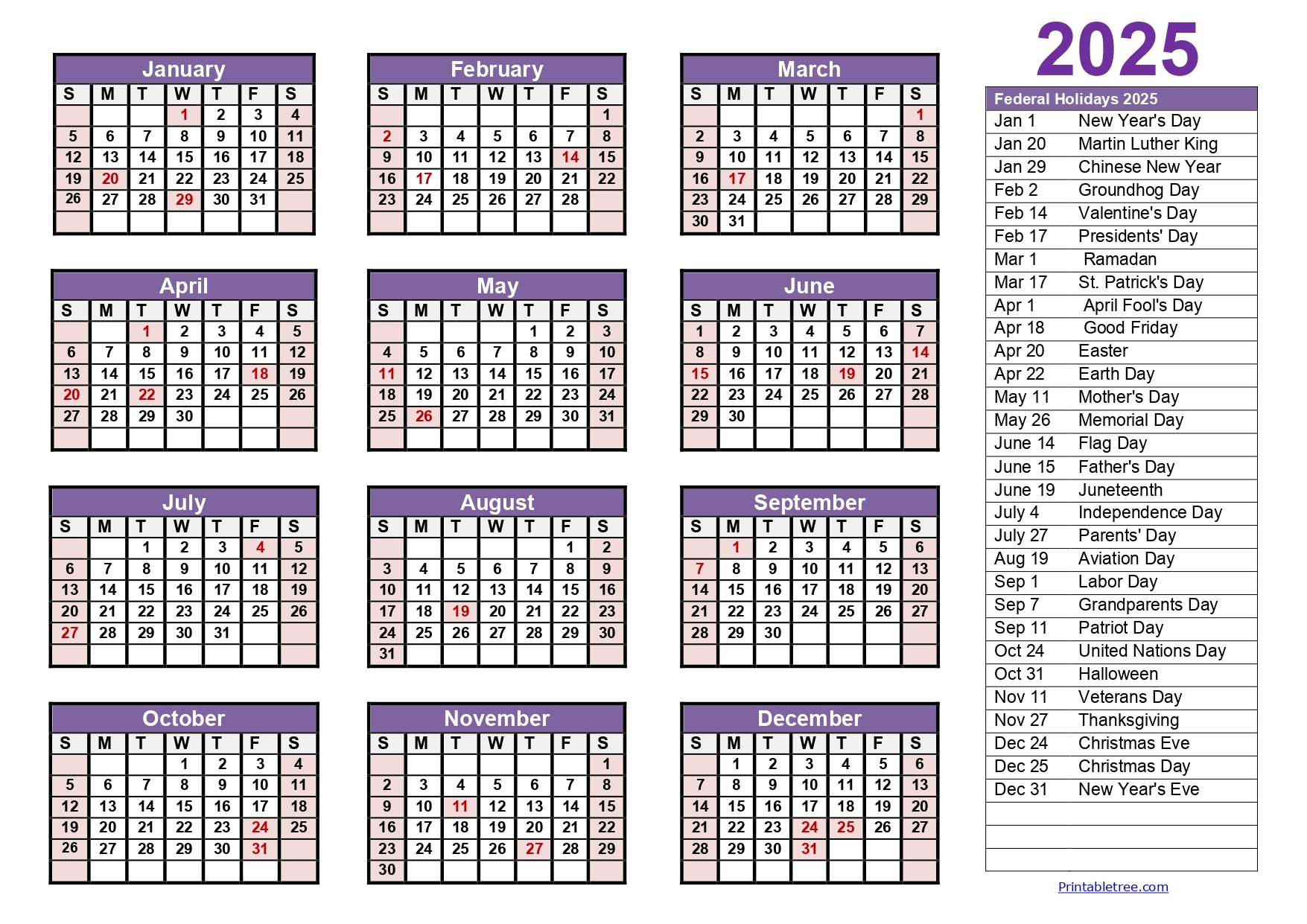 Printable Printable Free 2025 Calendar