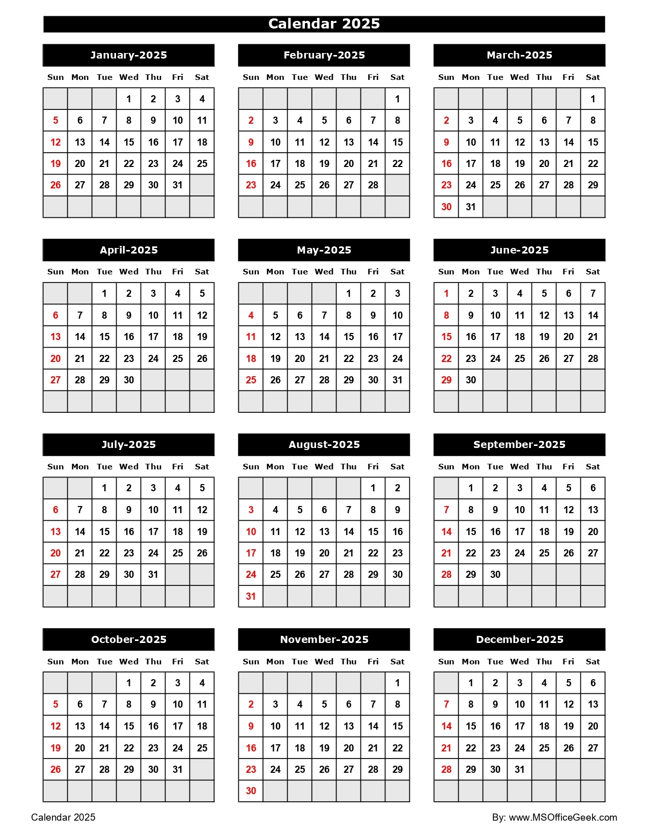 Ready To Use Printable Calendar 2025 MSOfficeGeek