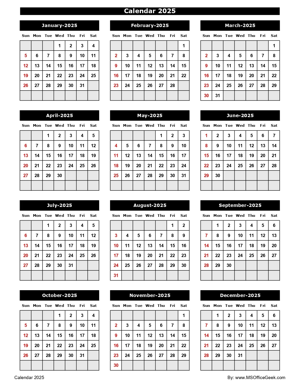 2025 Excel Printable Calendar