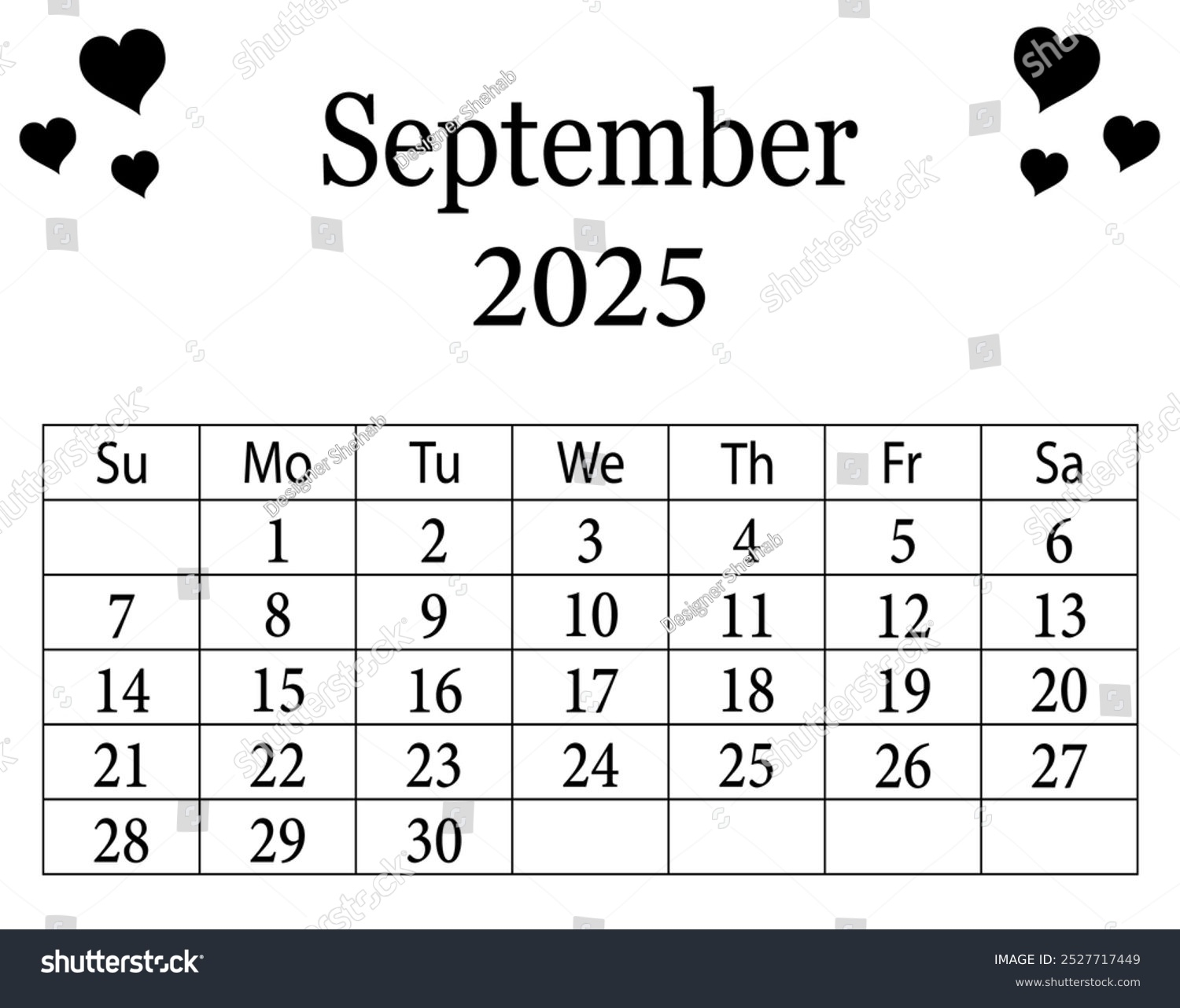 September 2025 Calendar Printable 2025 Calendar Stock Vector Royalty Free 2527717449 Shutterstock
