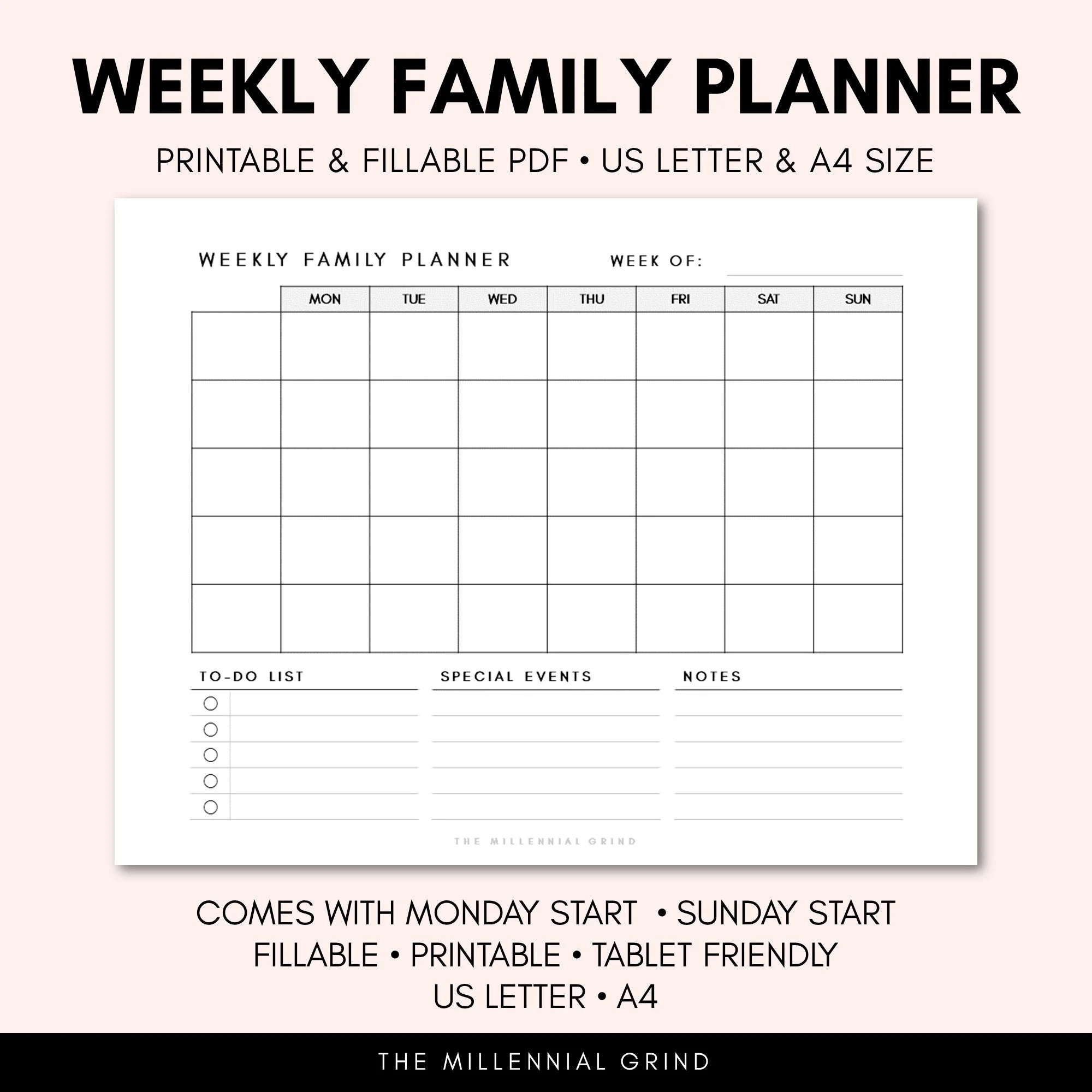 Weekly Family Planner Printable Instant PDF Download Fillable PDF US Letter A4 Size Family Calendar To do List Chores List Etsy