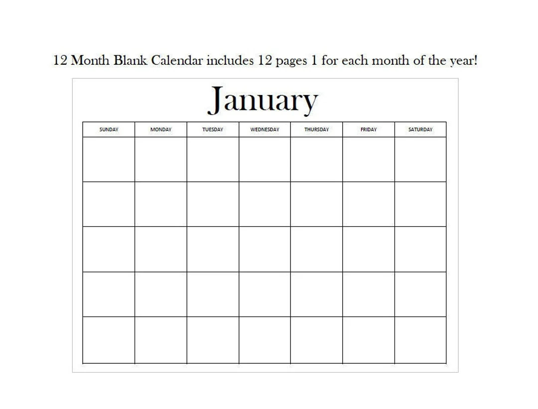 12 Month Blank Calendar Standard Design Digital Download Instant Download 12 Pages 11 X 8 5 Page Landscape Etsy