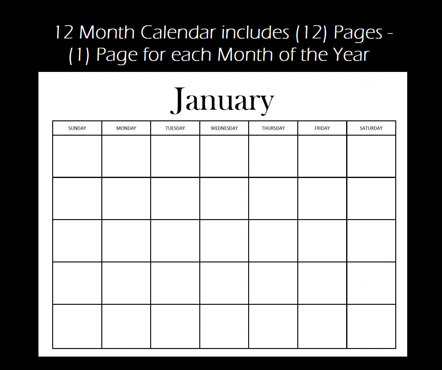 12 Month Blank Calendar Standard Design Digital Download Instant Download 12 Pages 11 X 8 5 Page Landscape Etsy