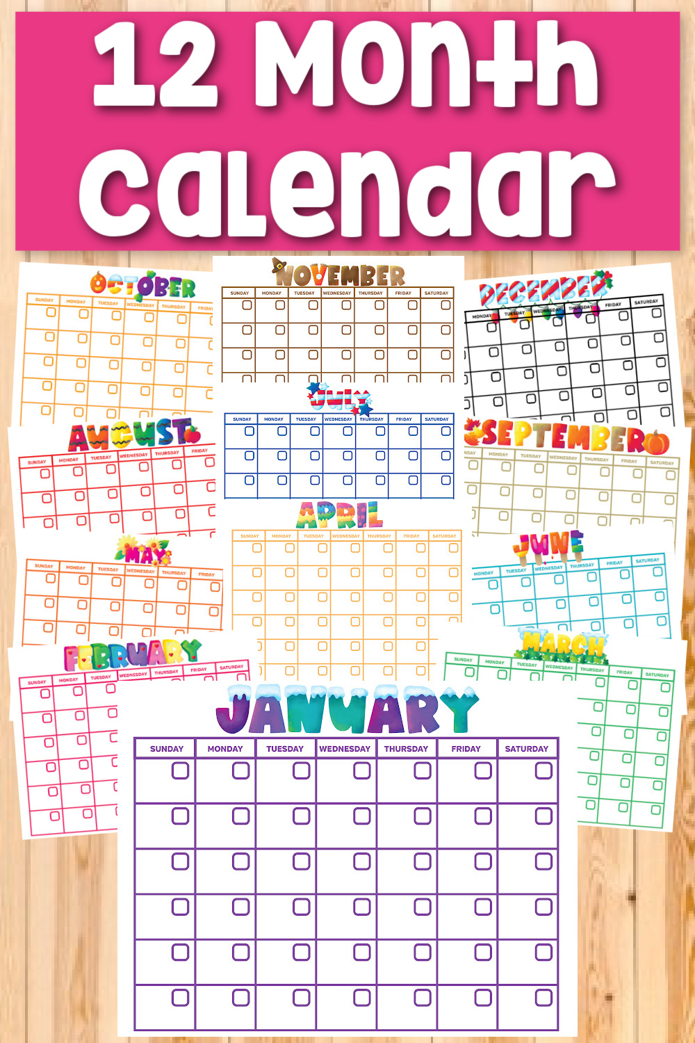 12 Month Calendar Pack For Kids reproducible With The Huddlestons