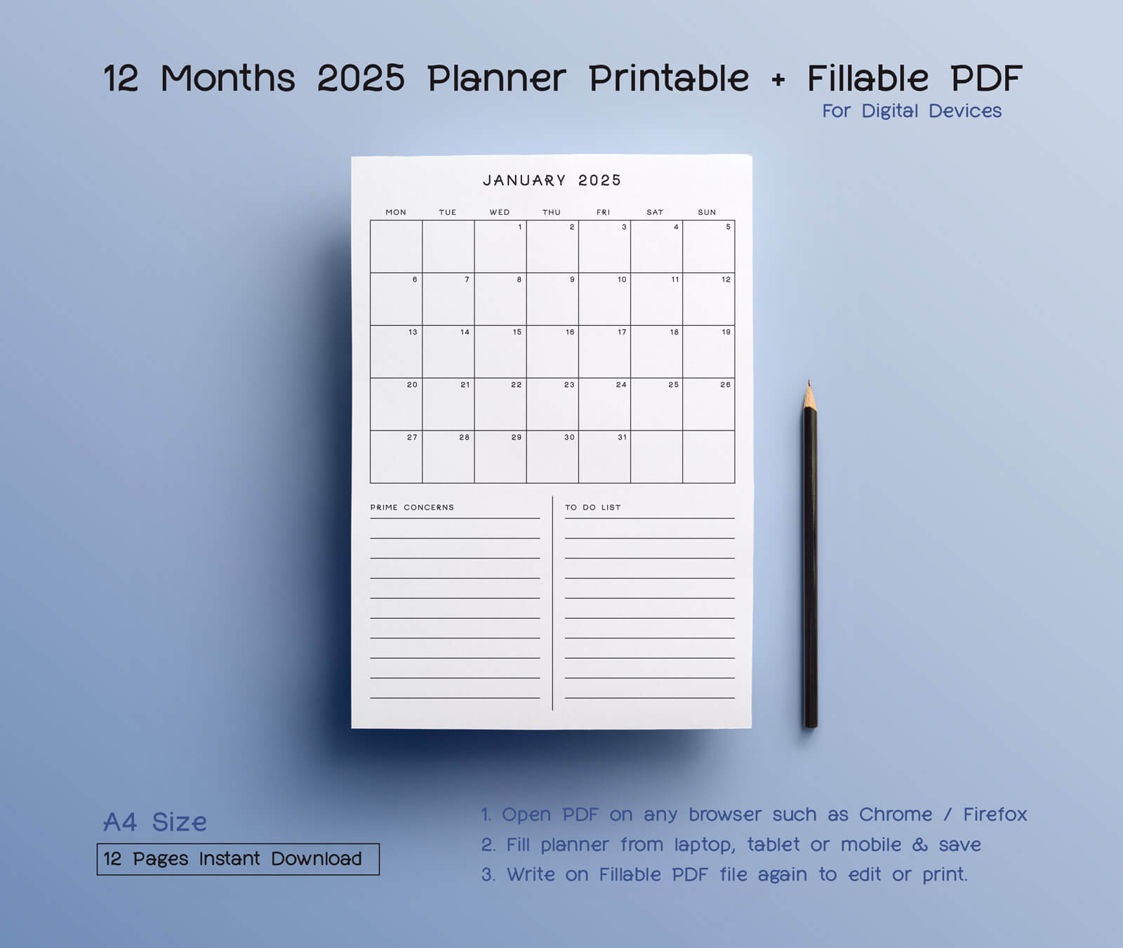 12 Month Planner Calendar 2025 Printable PDF Fillable PDF For 3 Designbolts