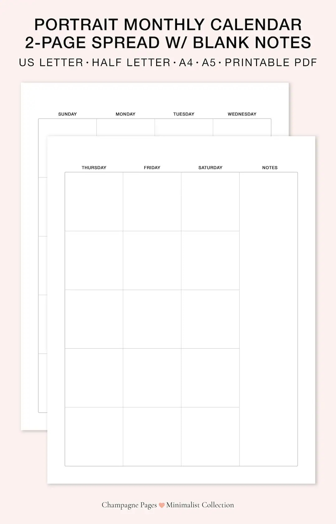2 Page Spread Portrait Monthly Calendar With Blank Notes Section Desk Calendar Goodnotes Template Printable PDF A5 a4 letter half Size Etsy