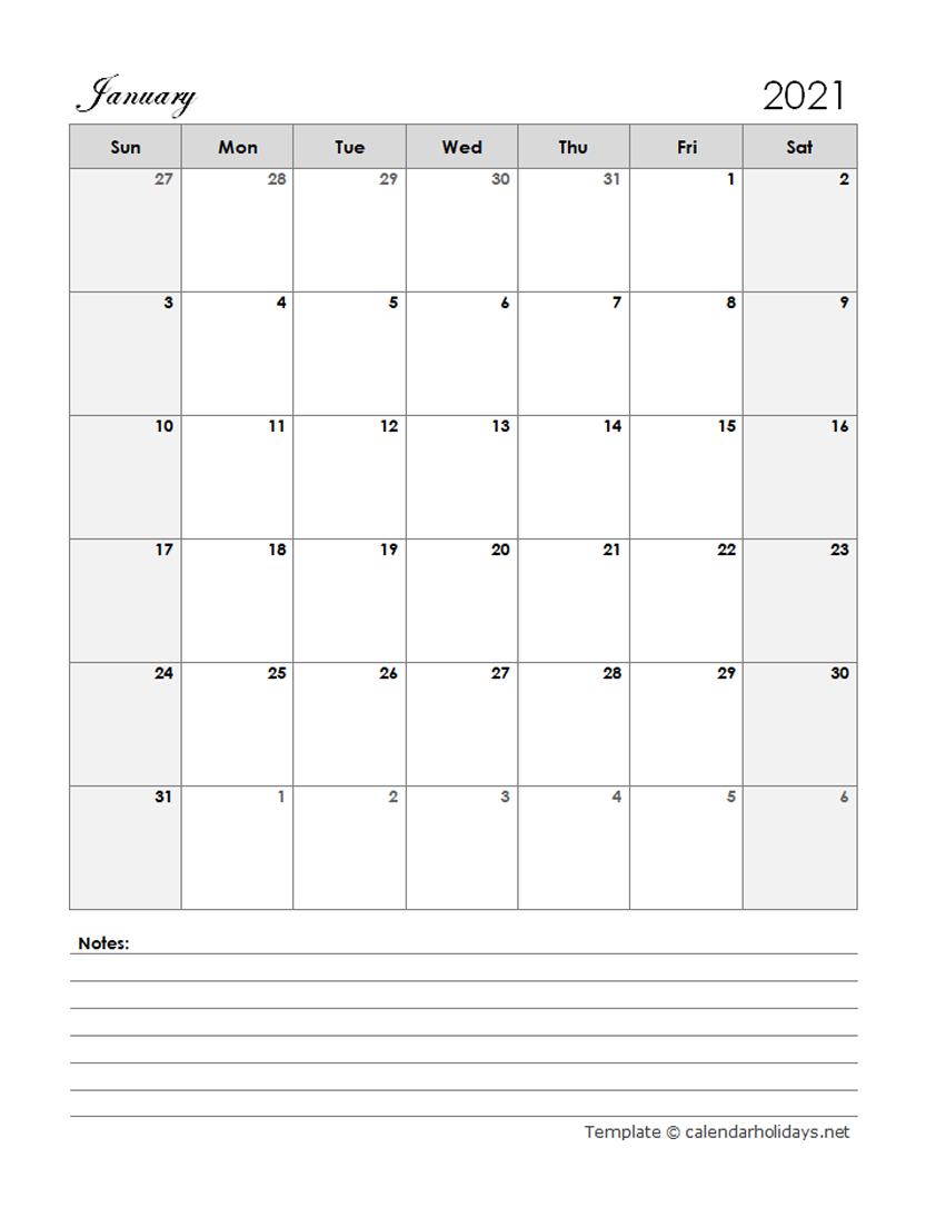 2021 Monthly Template CalendarHolidays