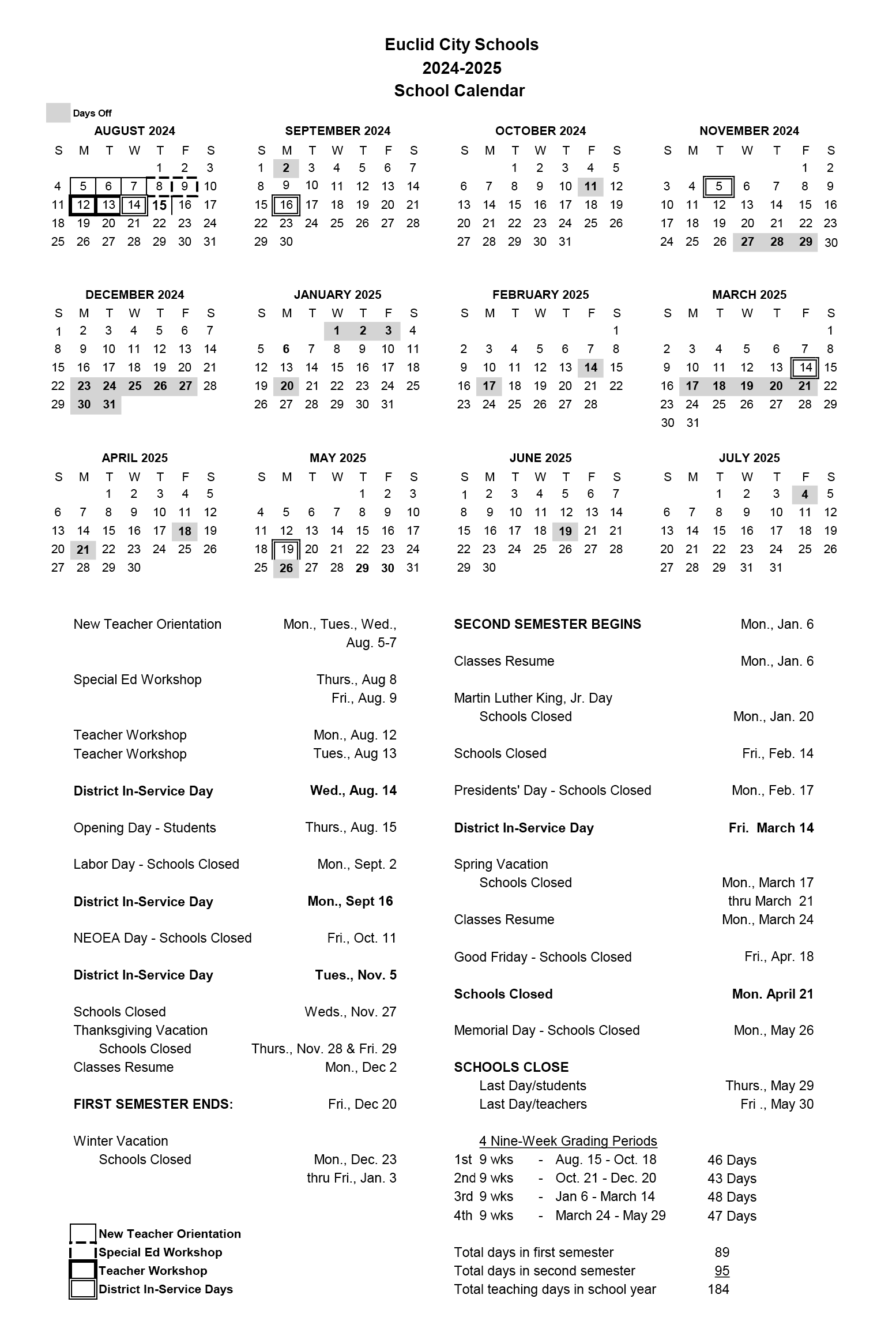 2024 2025 School Calendar Euclid Observer 2024 2025 School Calendar Euclid Observer