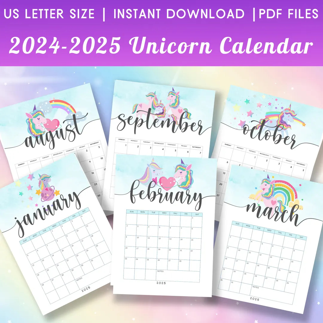 2024 2025 Unicorn Calendar Printable Unicorn Clipart 2025 Calendar PDF 2024 Wall Calendar Portrait Desk Calendar Planner Digital Calendar Etsy