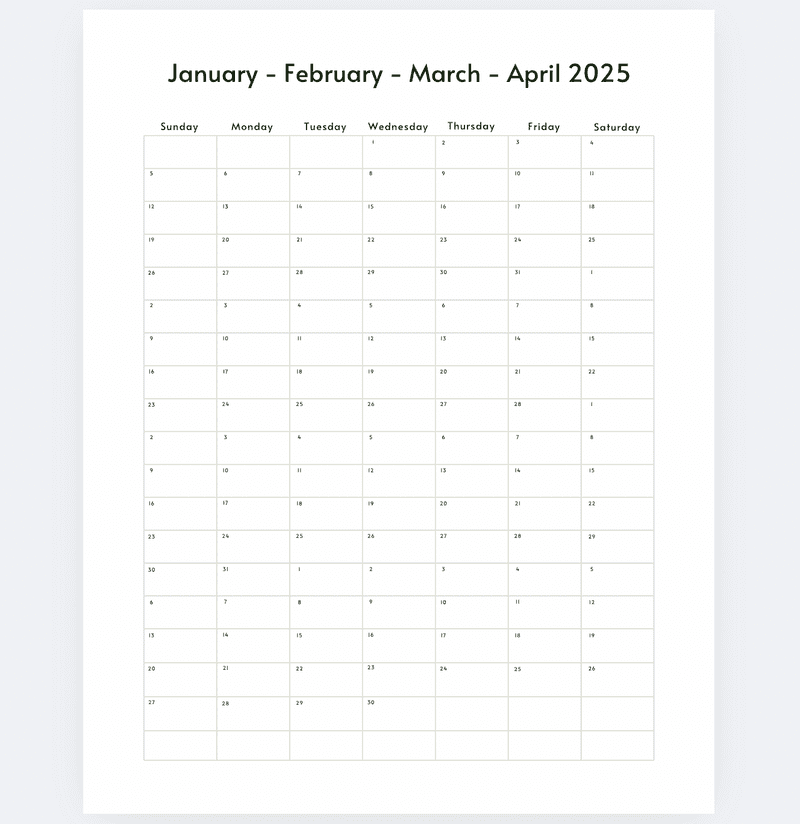 4 Month Calendar Printable 2025