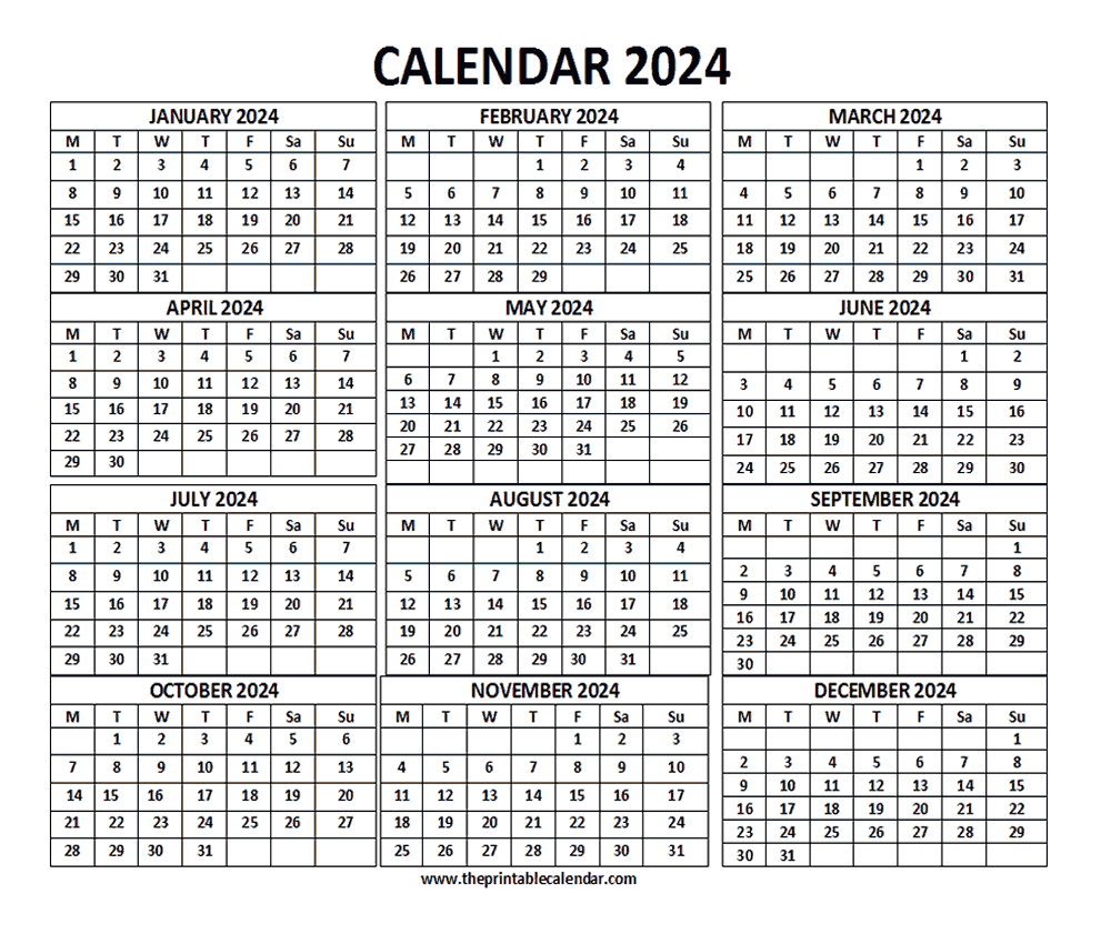 2024 Calendar 12 Months Calendar On One Page Free Printable Calendar