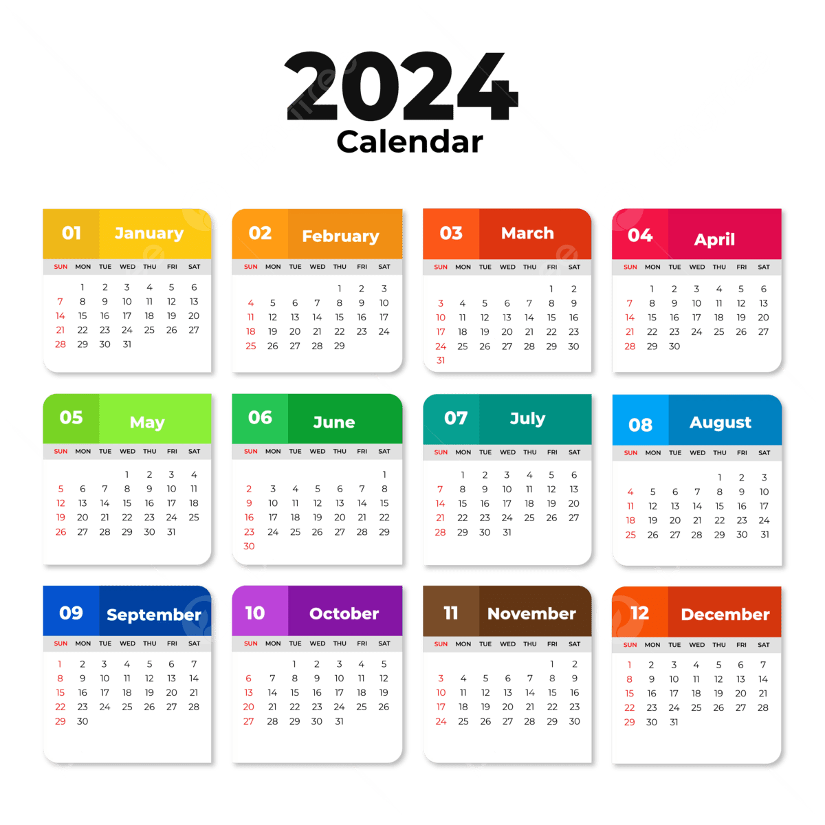 2024 Calendar Template Design With Solid Colors Vector 2024 Calendar 2024 Calendar Template Free Printable Calendar 2024 PNG And Vector With Transparent Background For Free Download
