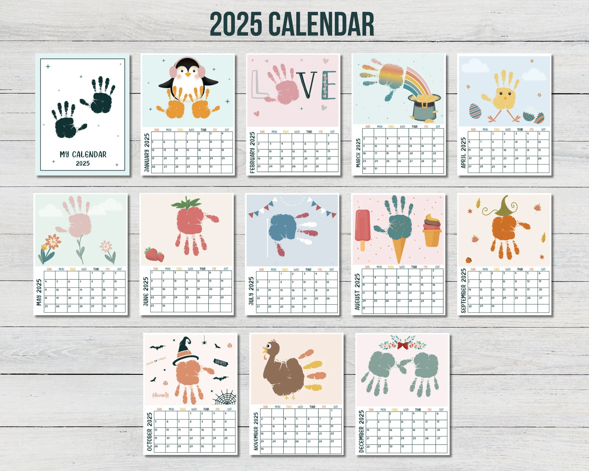 2025 12 Month Handprint Calendar DIY Kids Toddler Baby Craft Calendar Handprint Keepsake Memory Handprint Art Bundle 2025 Kids Calendar Etsy