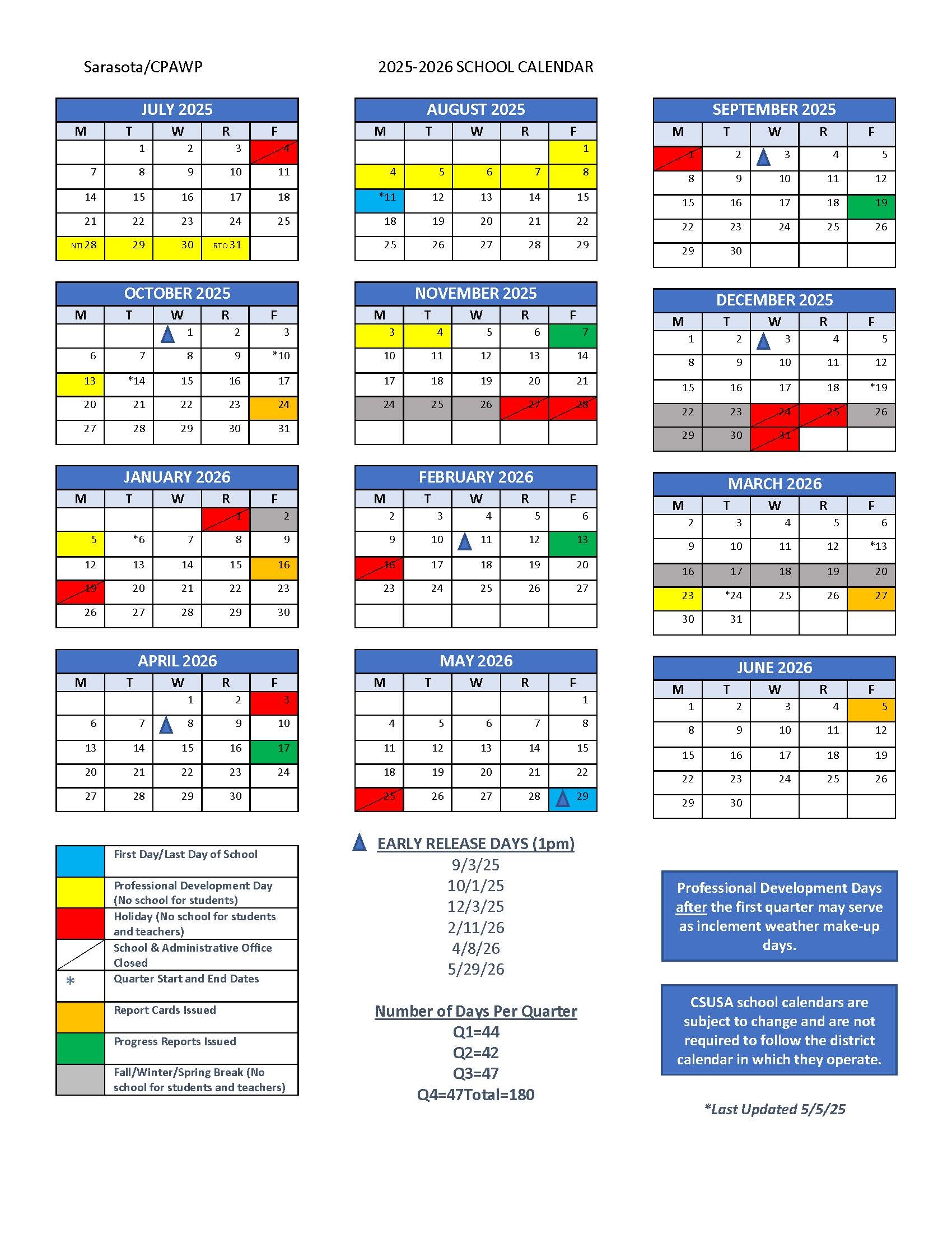 2025 2026 Printable Calendars School Calendar College Preparatory Academy At Wellen Park