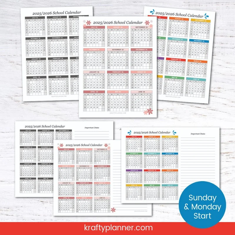 2025 2026 School Calendar Printables Krafty Planner