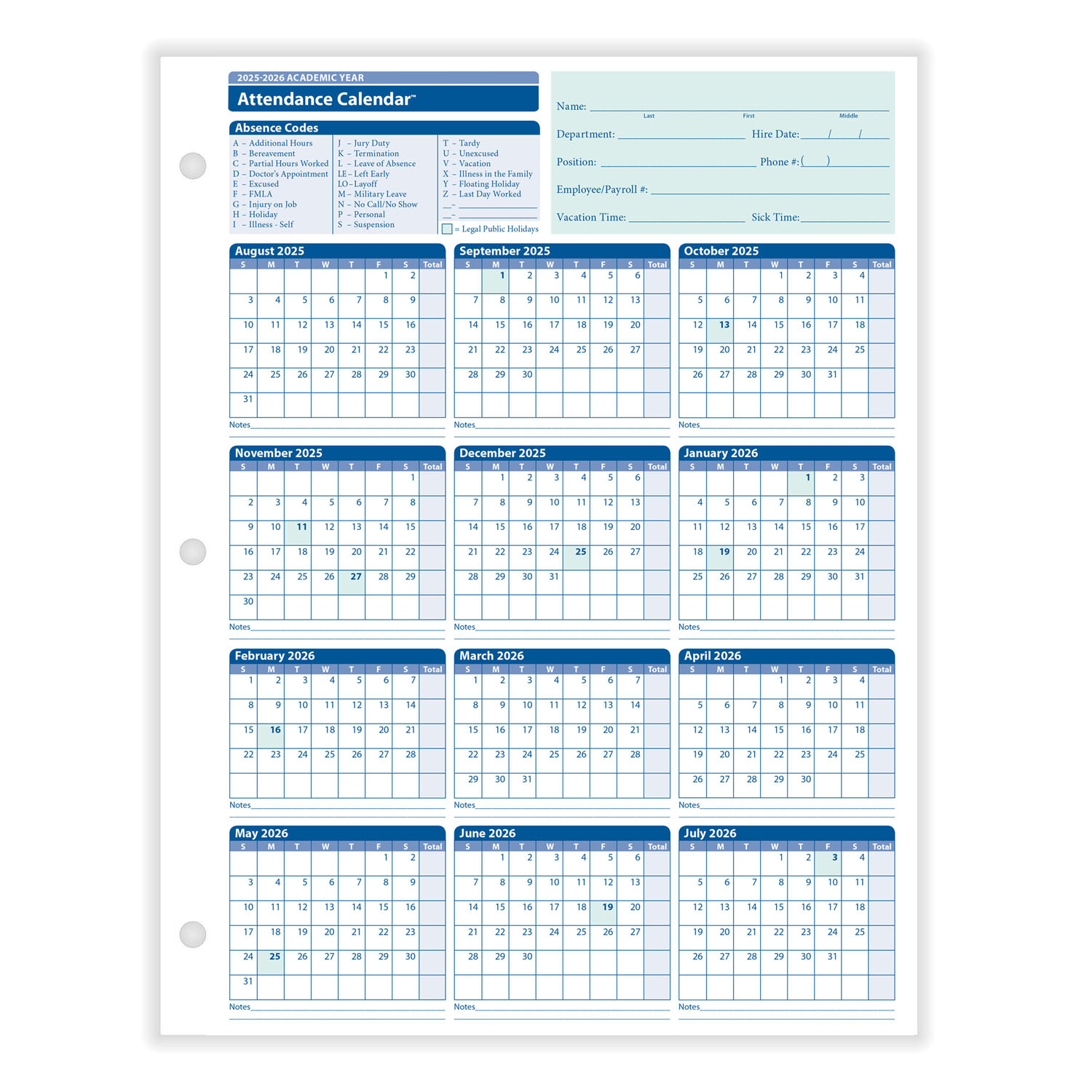 2025 26 Academic Year Attendance Calendar Yearly Calendar HRdirect