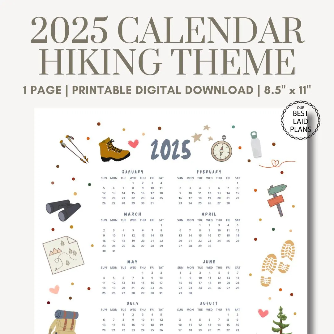 2025 At A Glance Calendar Printable PDF Cute 2025 Calendars Hiking Gifts Hiker Gifts Hiking Aesthetic 2025 Printable Wall Calendar PDF Etsy