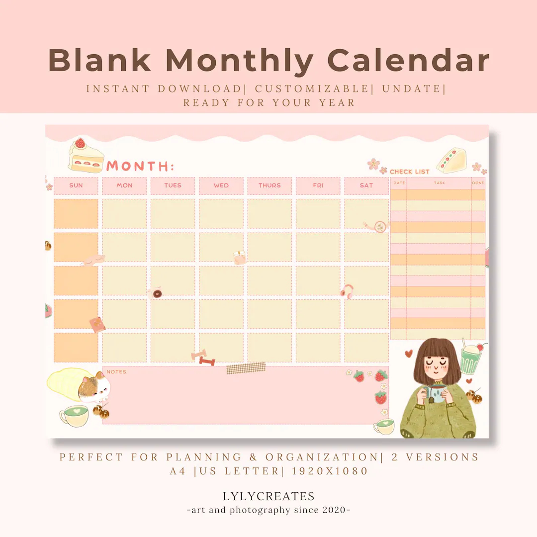 2025 Blank Calendar Printable Customizable Undated Monthly Planner Editable Calendar Reusable Calendar For Any Year Digital Download Etsy