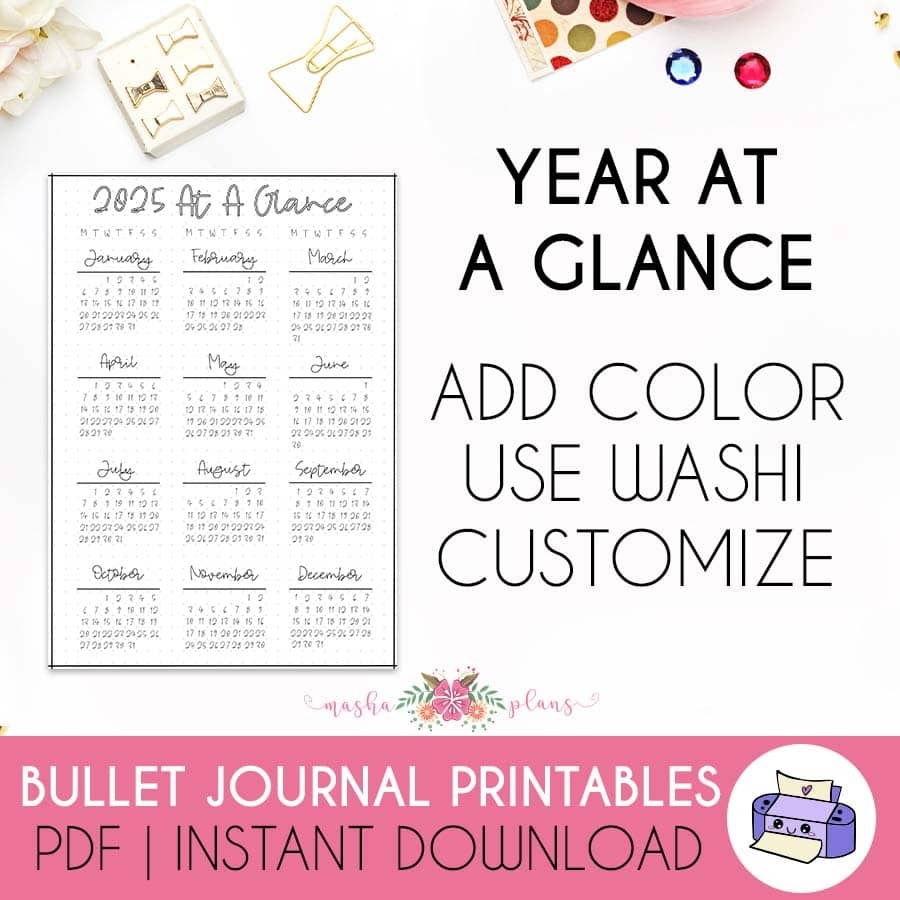 Yearly Calendar Printable Bullet Journal 25-26