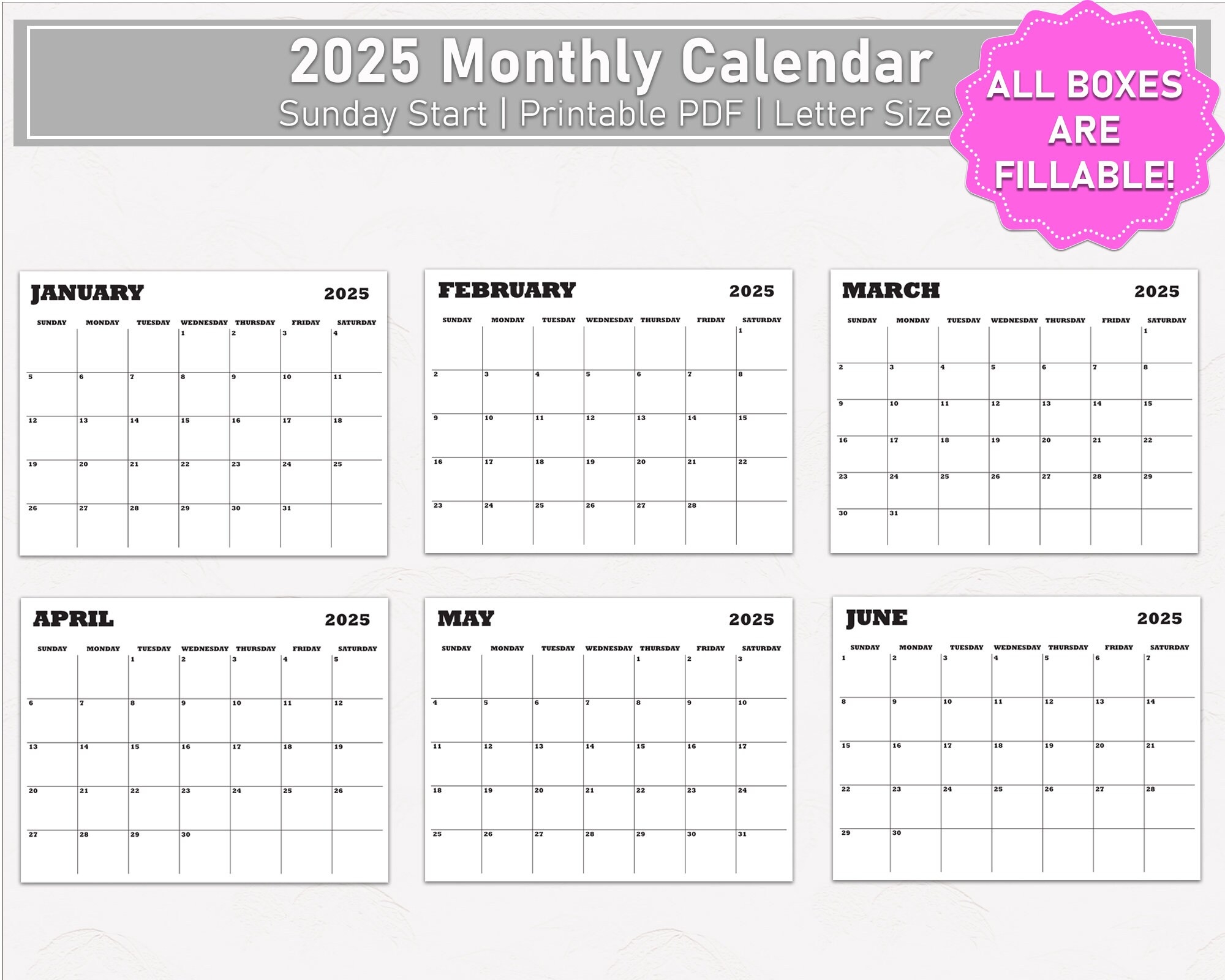 2025 Calendar 2025 Monthly Planner Fillable Minimalist Monthly Calendar Sunday Start Calendar 2025 Letter Size Wall Calendar Printable PDF Etsy