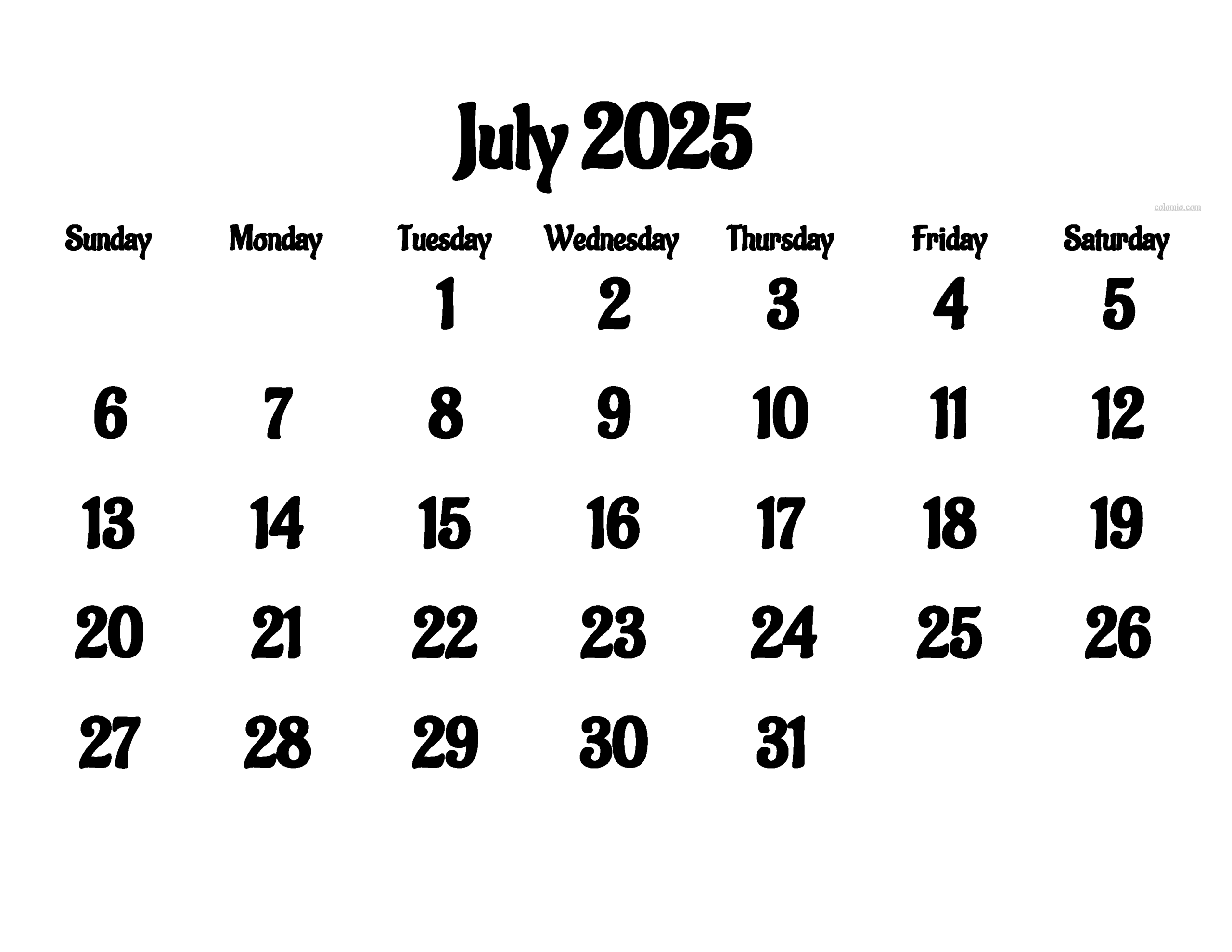 July Calendar 2025 Free Printable