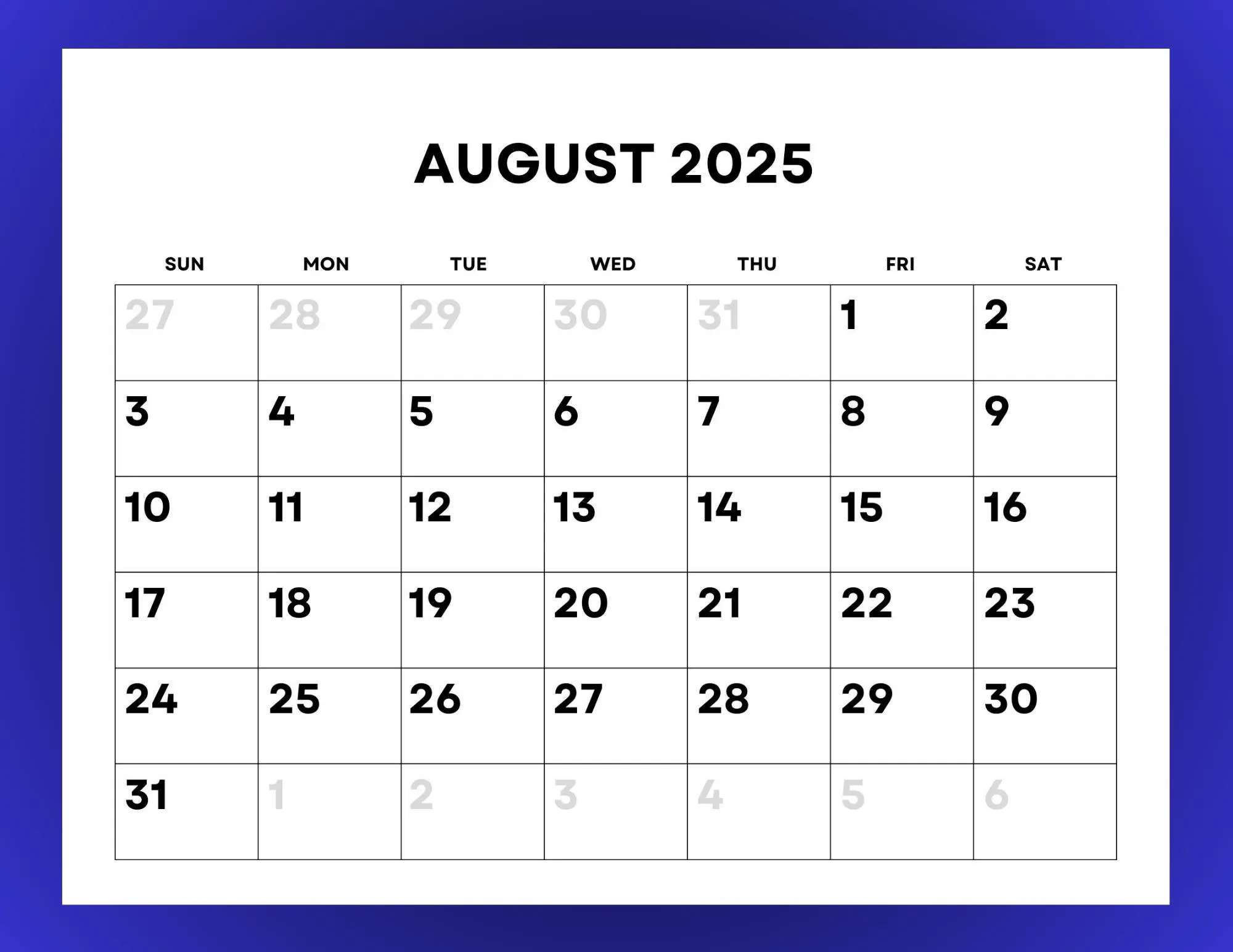 2025 Calendar Monthly Printable With Large Numbers Etsy