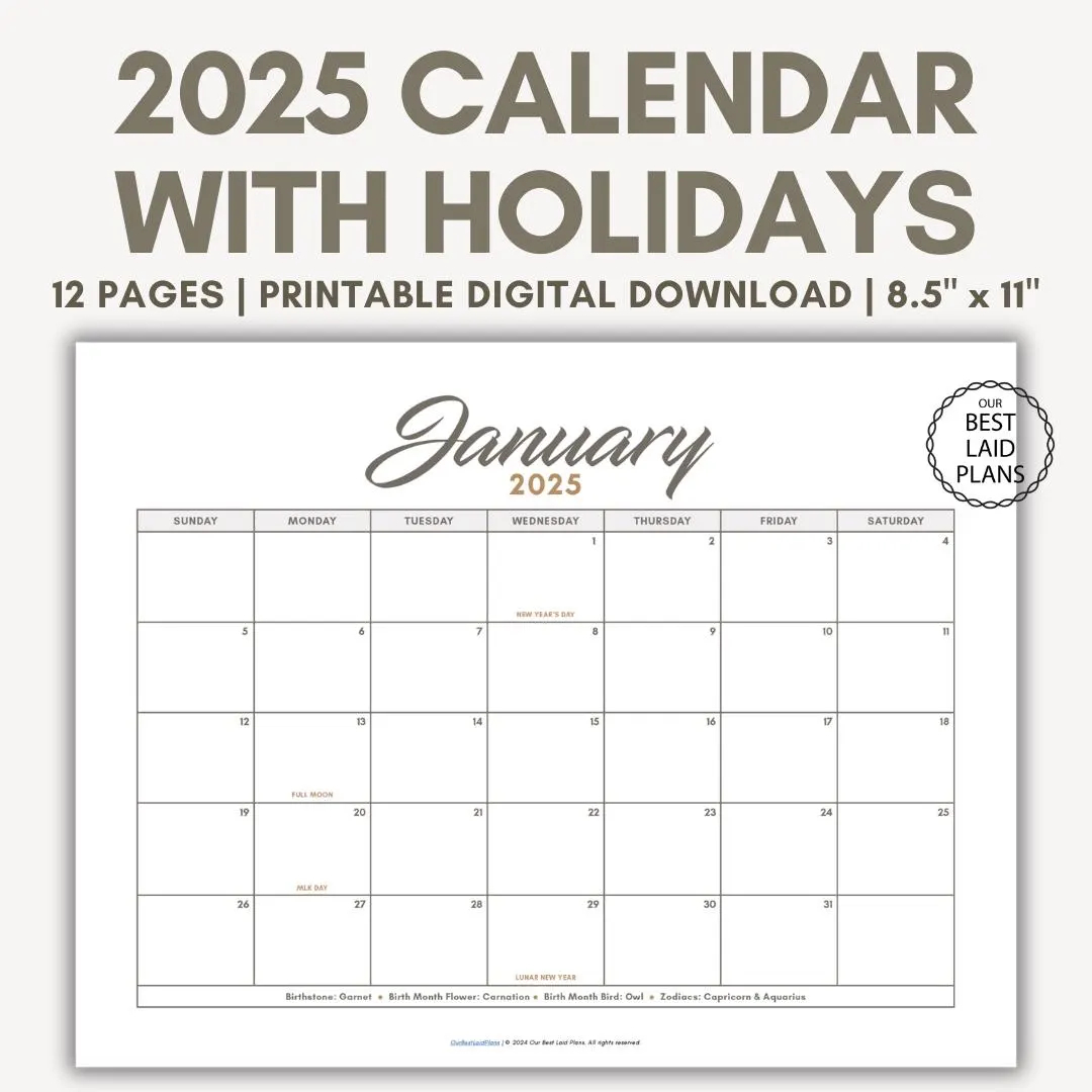 2025 Calendar Printable Landscape 2025 Monthly Bundle Calendar Printable Year 2025 12 Month Calendar 2025 Calendar With Holidays PDF Etsy