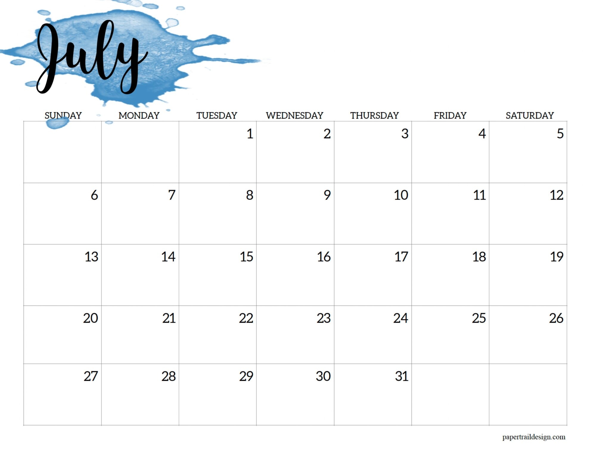 2025 Calendar Printable Watercolor Paper Trail Design