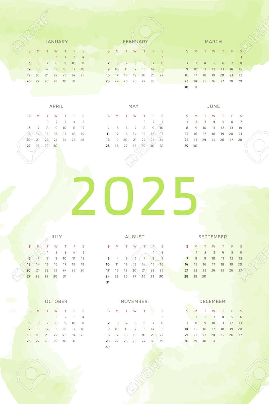 2025 Calendar Template On Chartreuse Green Background With Hand drawn Watercolor Brush Strokes Vertical Calendar Design For Print And Digital Week Starts On Sunday Royalty Free SVG Cliparts Vectors And Stock Illustration Image