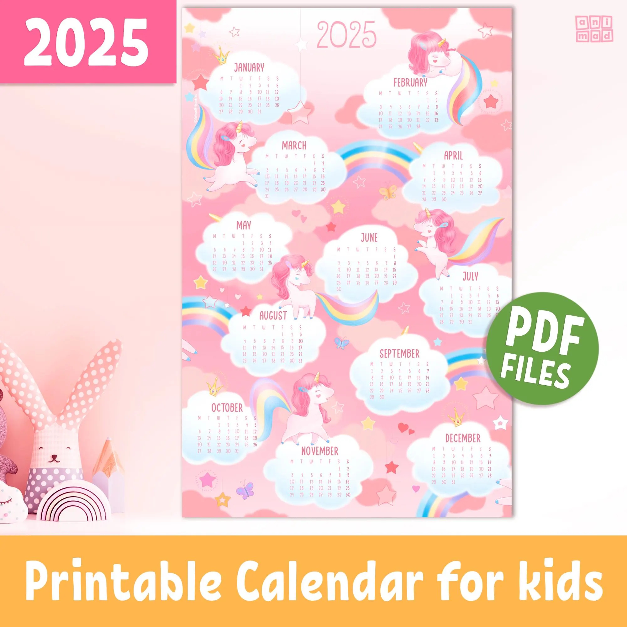 2025 CALENDAR With Unicorns Rainbows For Preschool Girls Printable Yearly Wall Calendar Pink Wall Art For Kids Bedroom Nursery Decor Etsy