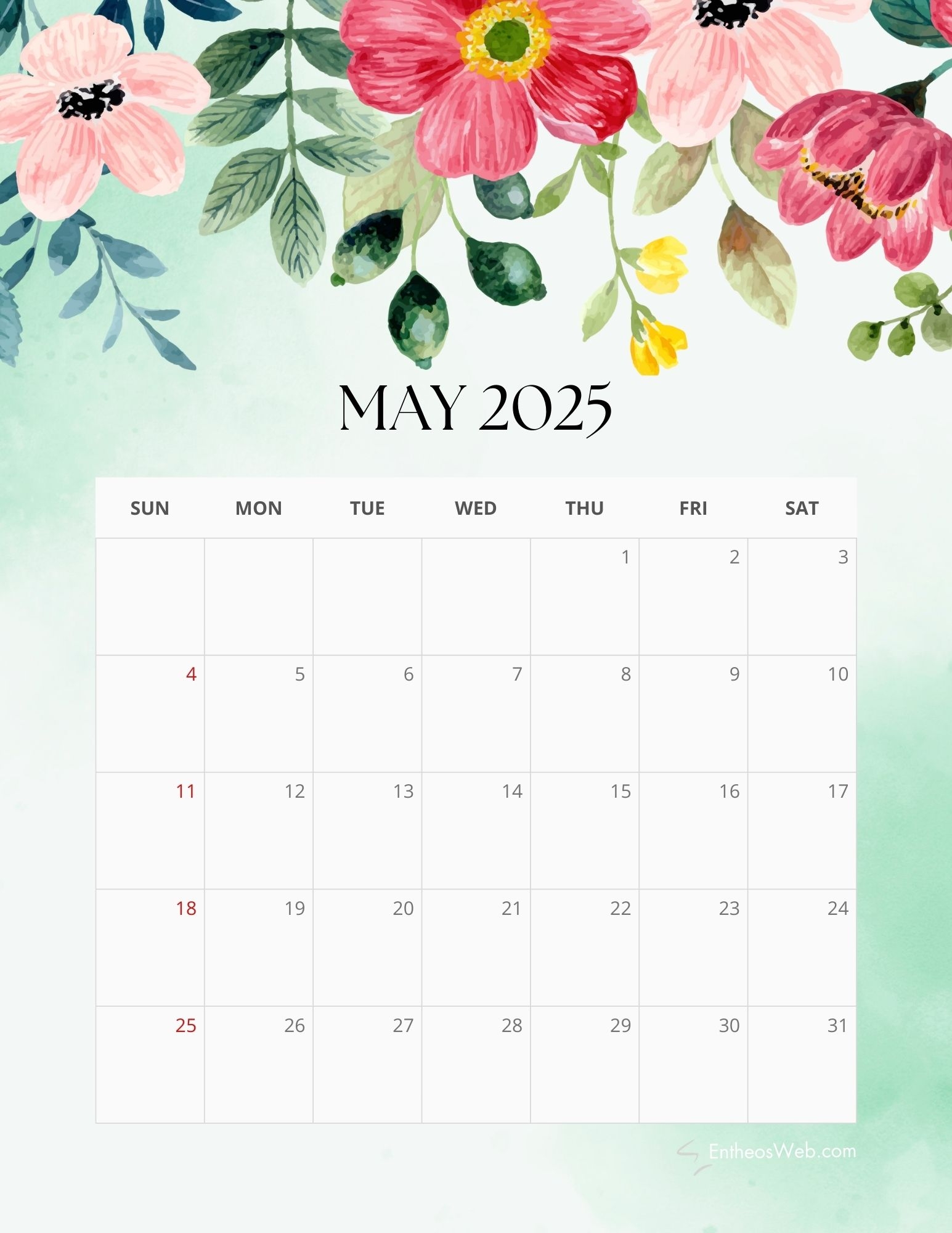 2025 Floral Calendar Printable