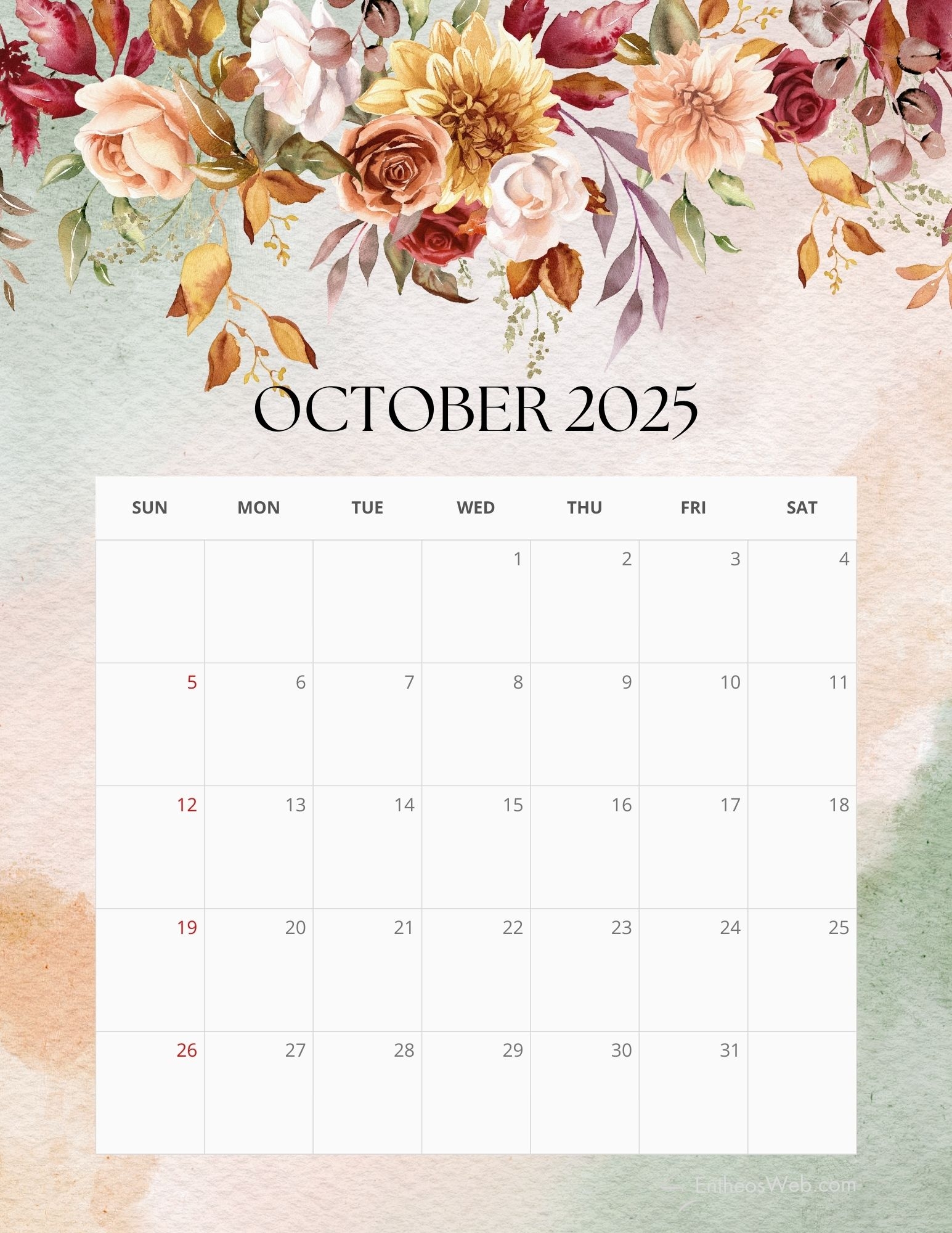Printable Pretty October 2025 Calendar