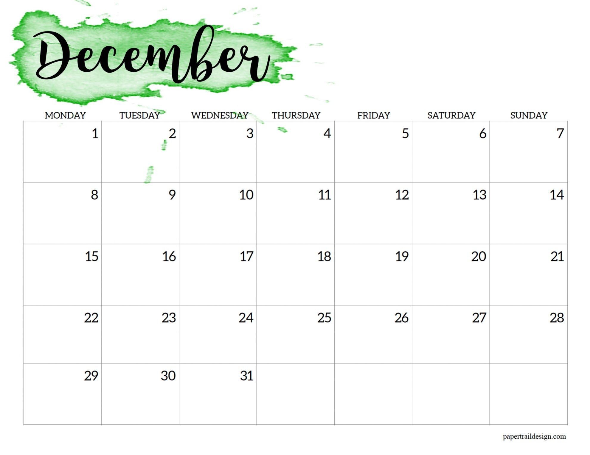 Kids Printable December 2025 Calendar