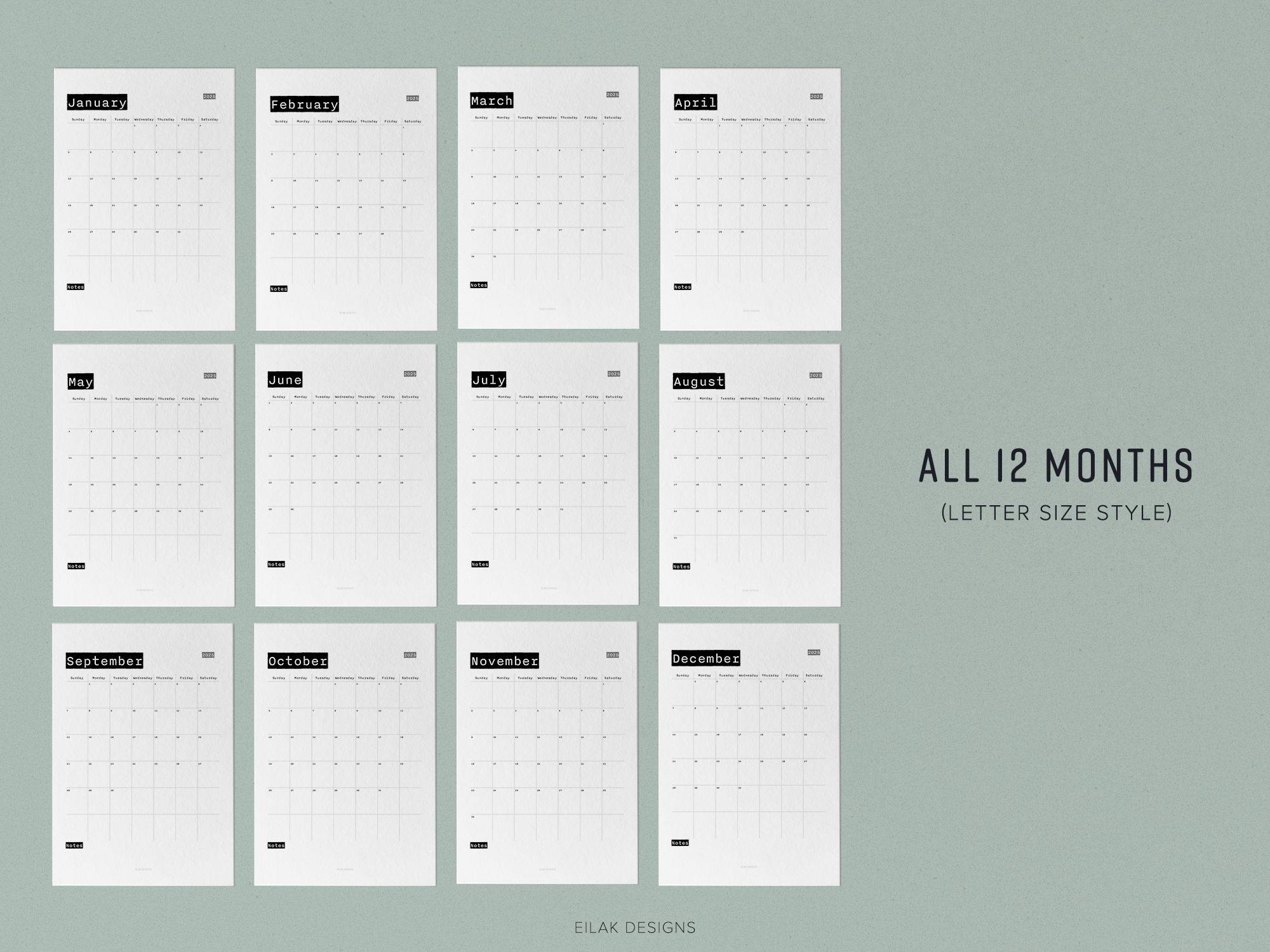 2025 Printable 12 Month Calendar