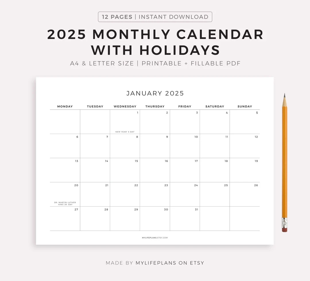 2025 Monthly Calendar With Holidays Printable Calendar Template Landscape Minimalist Calendar Year Calendar Instant Download A4 letter Etsy