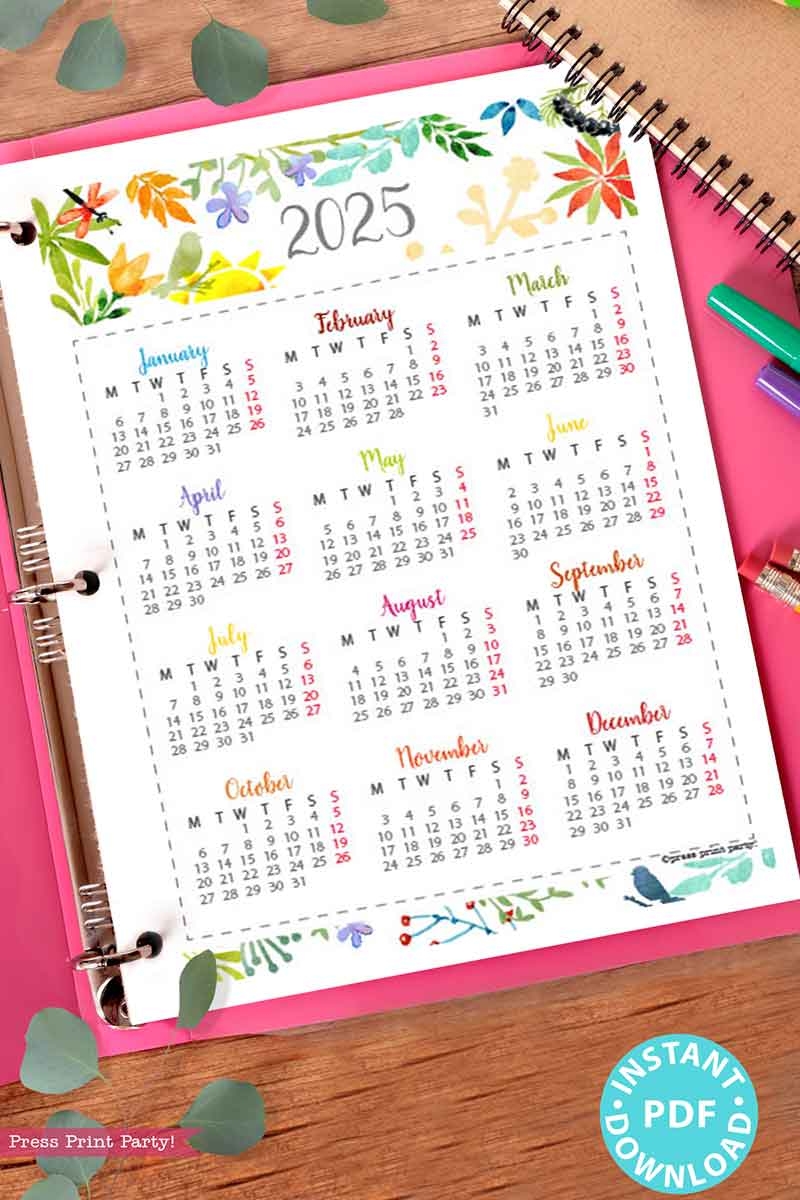 2025 One Page Calendar At a glance Printable Watercolor 2025 One Page Calendar At a glance Printable Watercolor