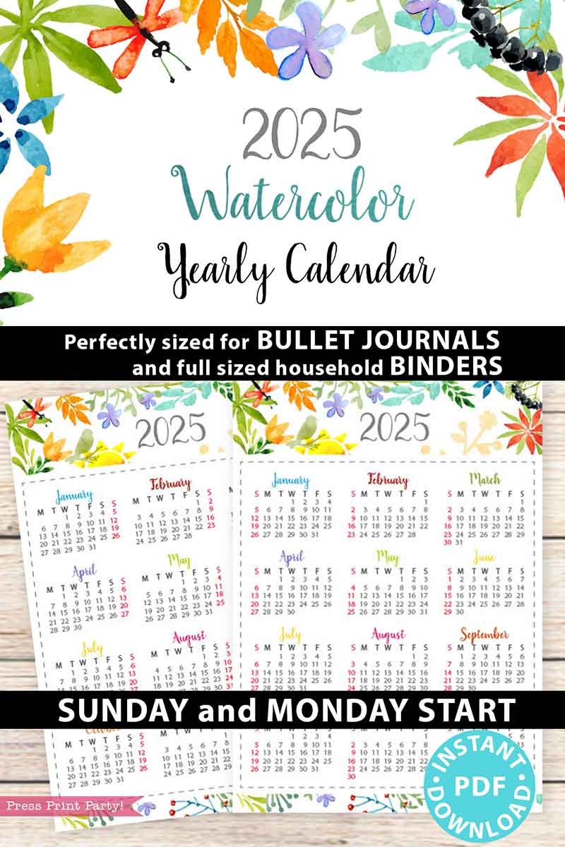 2025 one page calendar at a glance printable watercolor 2025 one page calendar at a glance printable watercolor