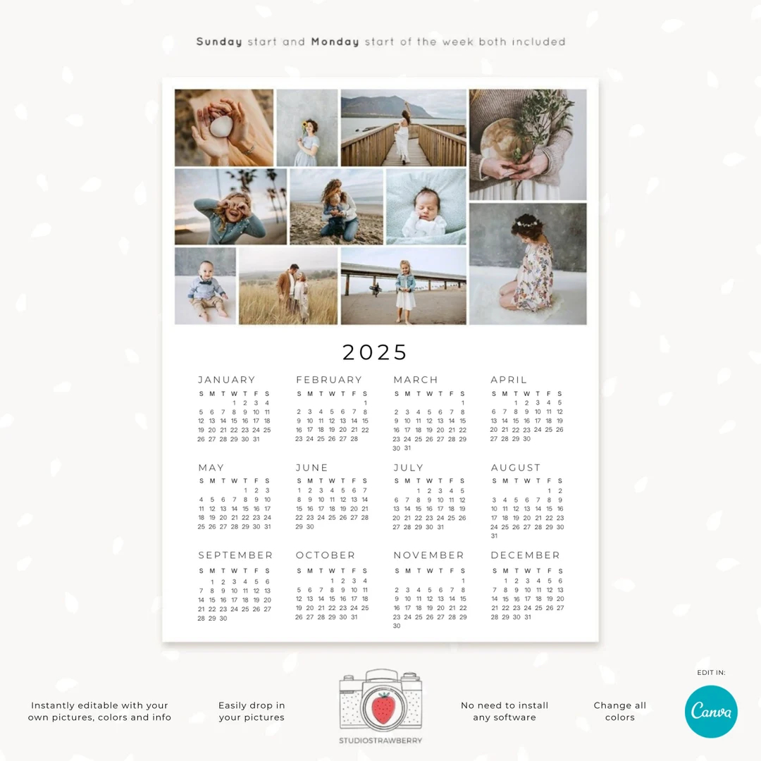 2025 Photo Calendar Template Canva Photo Collage One Page Printable Calendar Photography Calendar Calendar Printable Letter Size Year Etsy