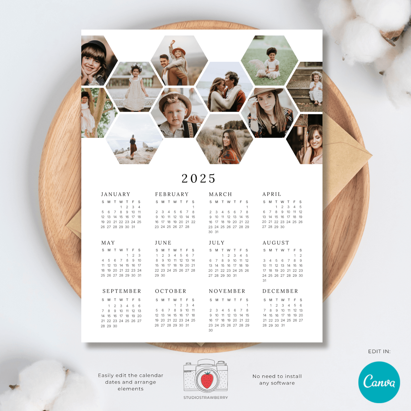 2025 Photo Calendar Template For Canva Strawberry Kit