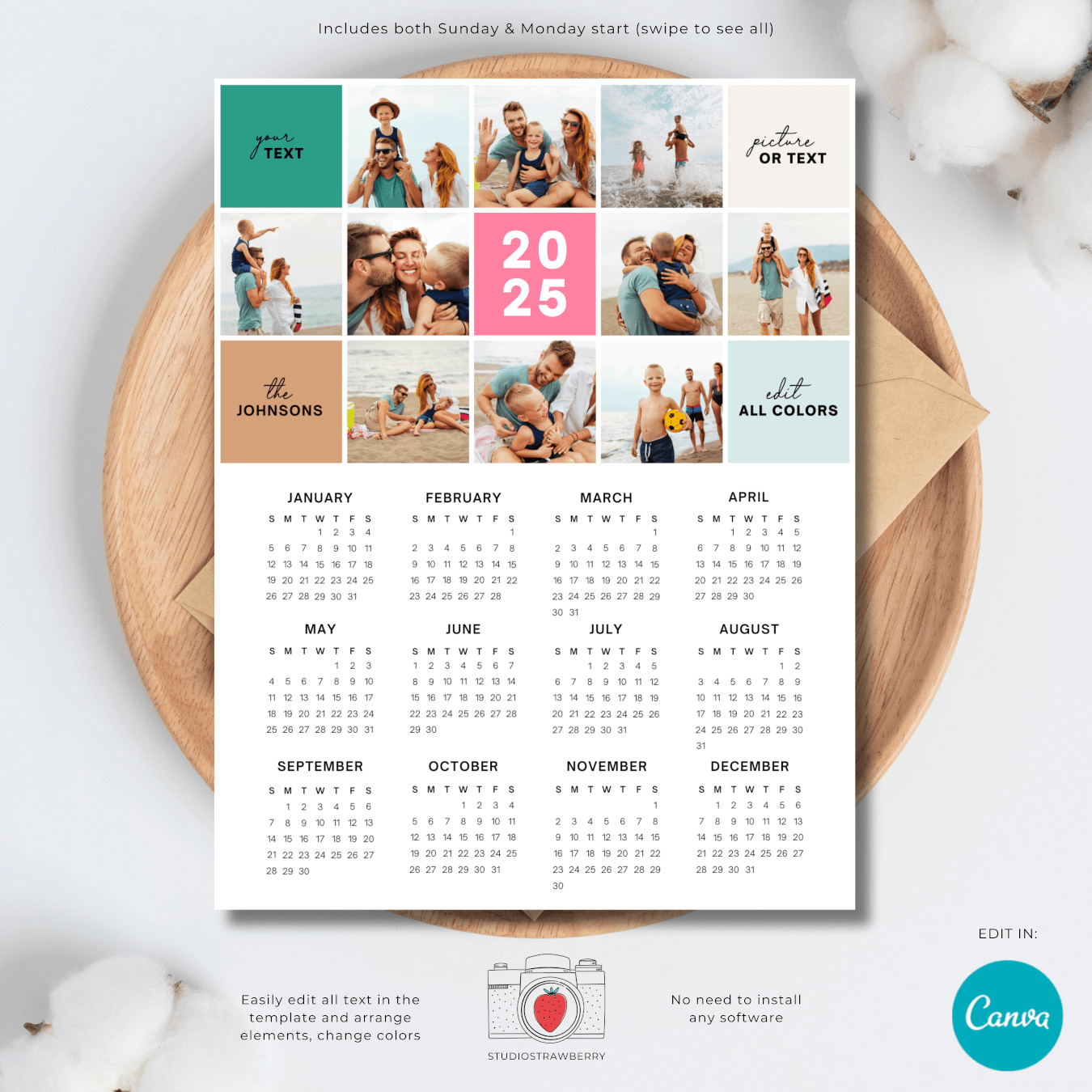 2025 Photo Calendar Template For Canva Strawberry Kit