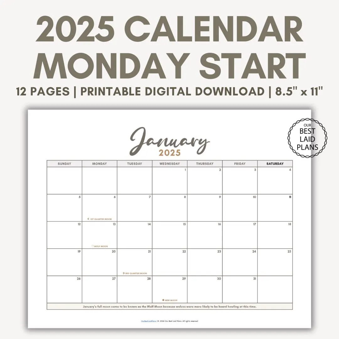 2025 Printable Calendar PDF Monday Start Calendar For 2025 Digital Download Simple Calendar For 2025 Monday Start Etsy