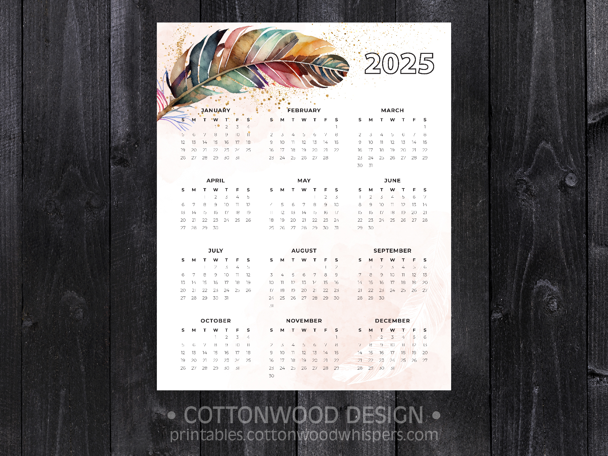 2025 printable calendar year at a glance boho feather watercolor 16 x 20 8 x 10 instant download portrait planner printables by cottonwood whispers