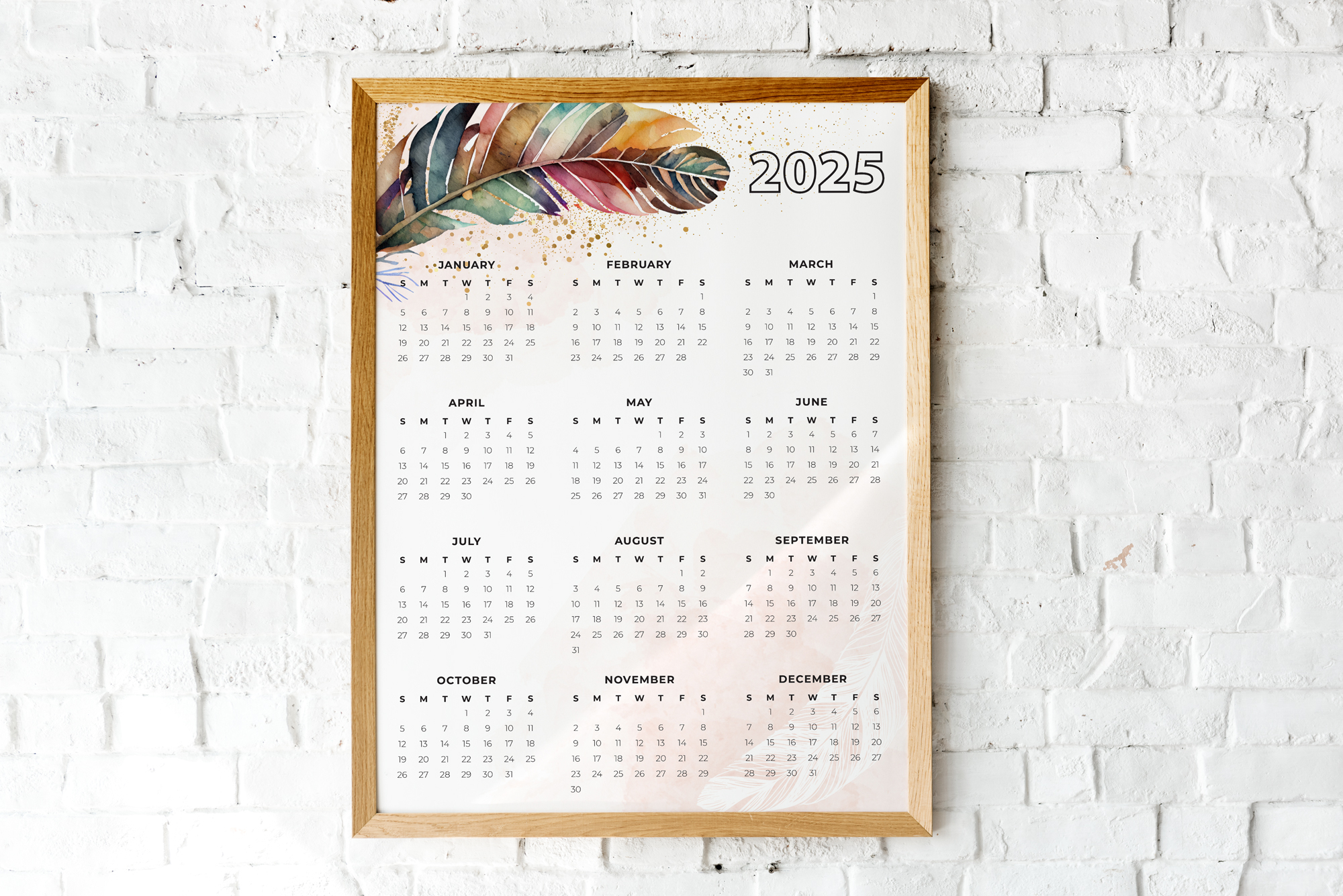 2025 printable calendar year at a glance boho feather watercolor 16 x 20 8 x 10 instant download portrait planner printables by cottonwood whispers