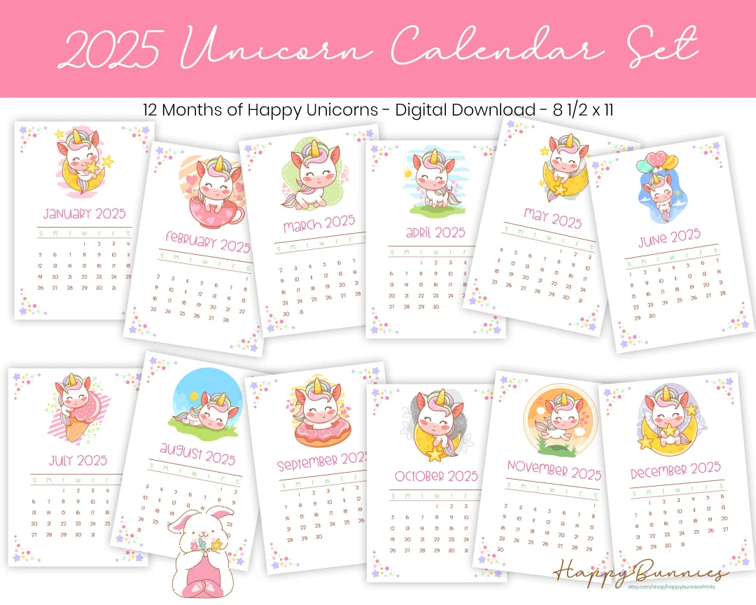 2025 Printable Unicorn Calendar 2025 Printable Calendar 2025 Unicorn Calendar Printable Instant Download Printable Calendars Etsy