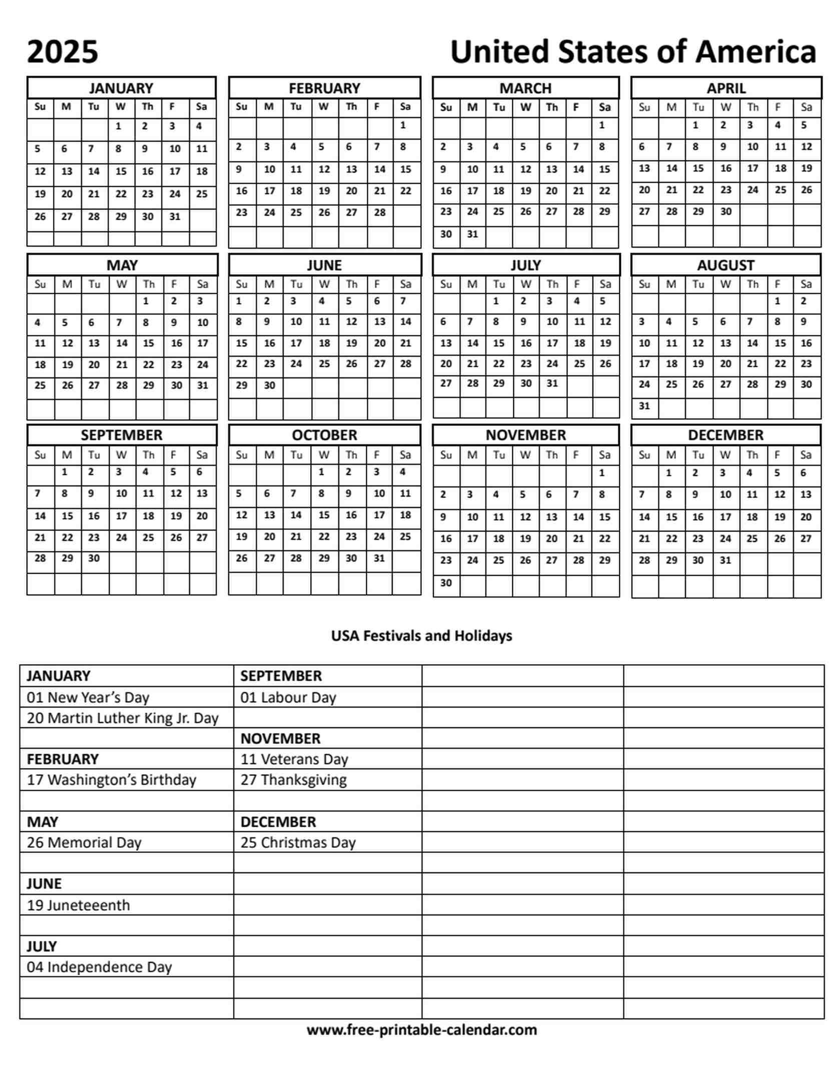 Us Holidays Yearly Calendar 2025 Printable