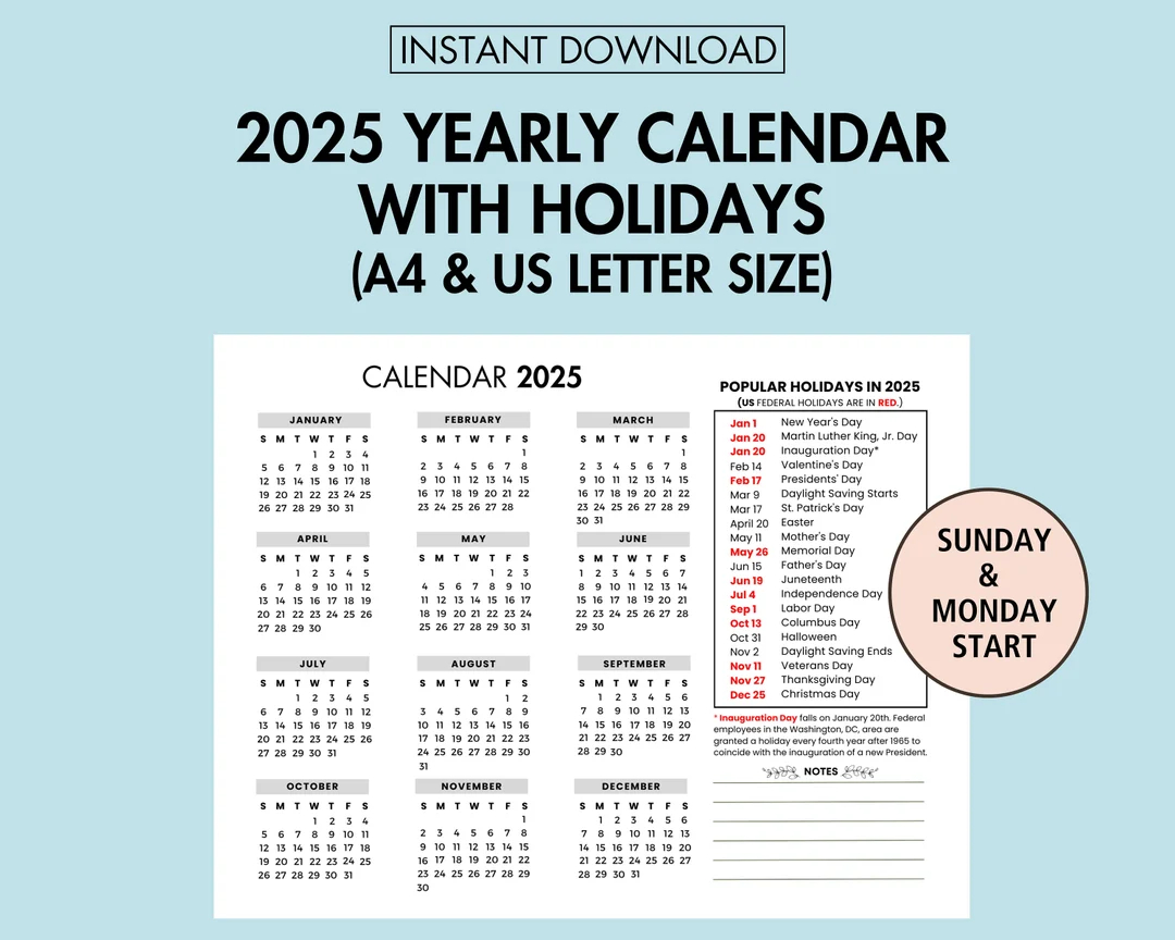 2025 Yearly Calendar With Holiday 2025 Yearly Overview 2025 Year At A Glance Printable 2025 Holiday Calendar Printable Sunday Monday Start Etsy